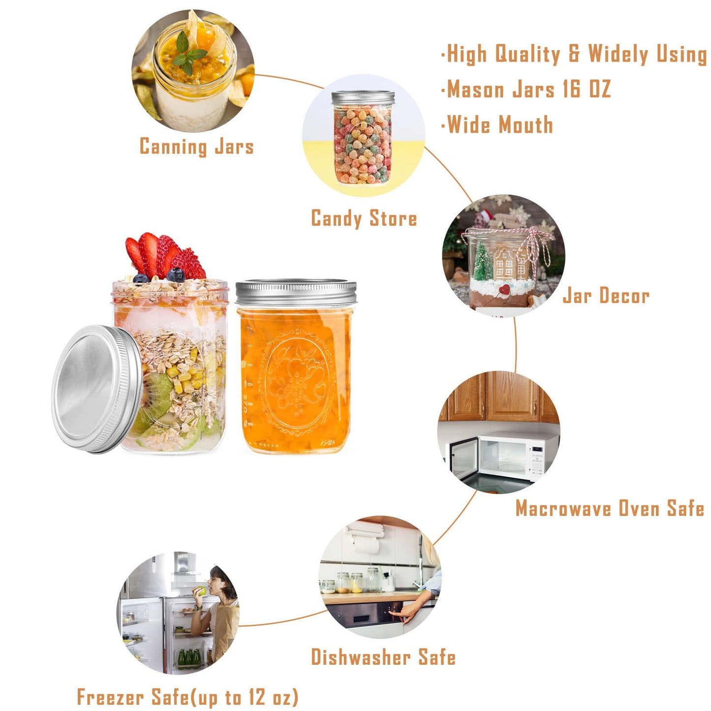 Wide Mouth Mason Jars 16 oz with Lids [6 Pack], Canning Jars with Metal Airtight Lids and Bands, 16 oz Glass Jars for Fermenting, Pickling, Freezing, Preserving, Meal Prep, Jar Décor