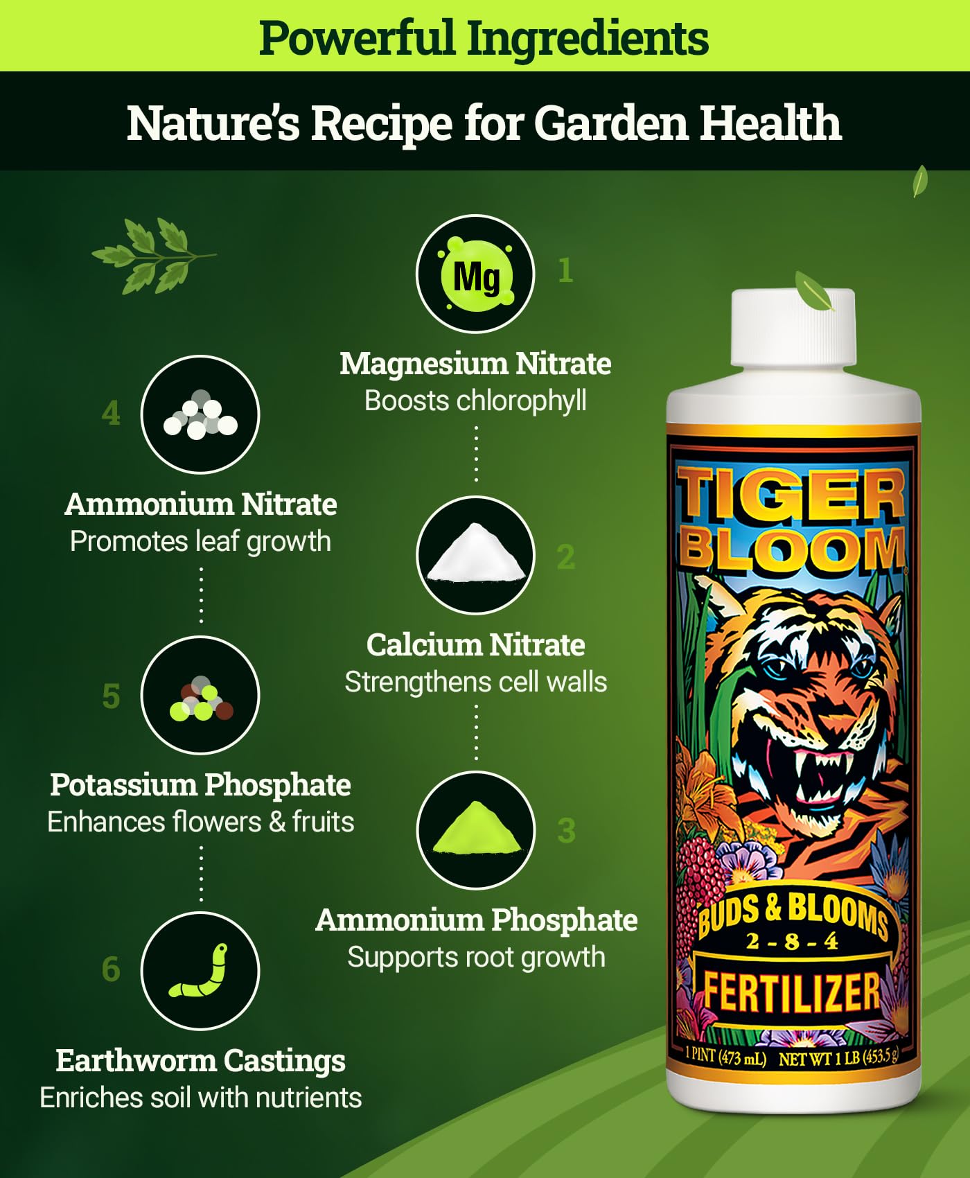 FoxFarm Tiger Bloom Liquid Fertilizer Concentrate - Fast Acting Formula for Vicious Growth with Phosphorus - Encourages Fruit, Flower & Bud Development, NPK 2-8-4 (Pint)
