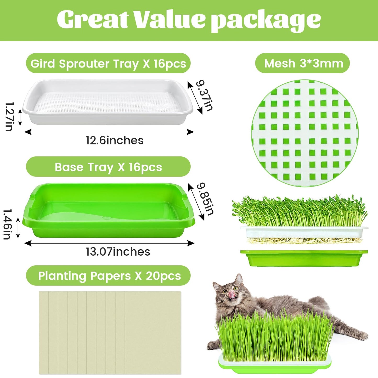 Legigo 10 Pack Green Seed Sprouter Trays- Soil-Free Cultivation Germination Tray, BPA Free Nursery Tray with Planting Paper for Indoors or Outdoors Sprouting Seeds, Grow Grass, Beans (Without Lids)