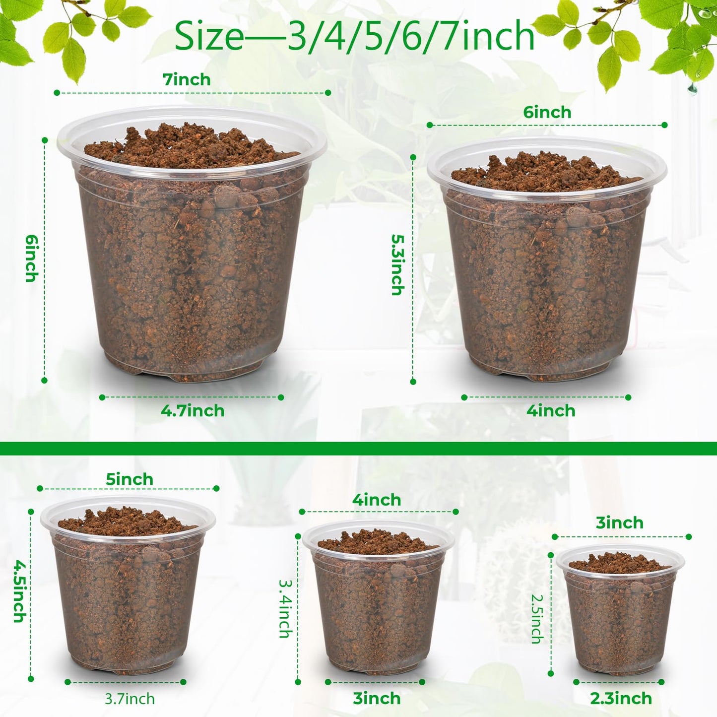 50 Pack 3/4/5/6/7 Inch Clear Nursery Pots with Drainage Holes, Durable Plastic Nursery Pots for Plants, Succulents, Herbs, Flowers, and Vegetable Seedlings (3+4+5+6+7 inch)