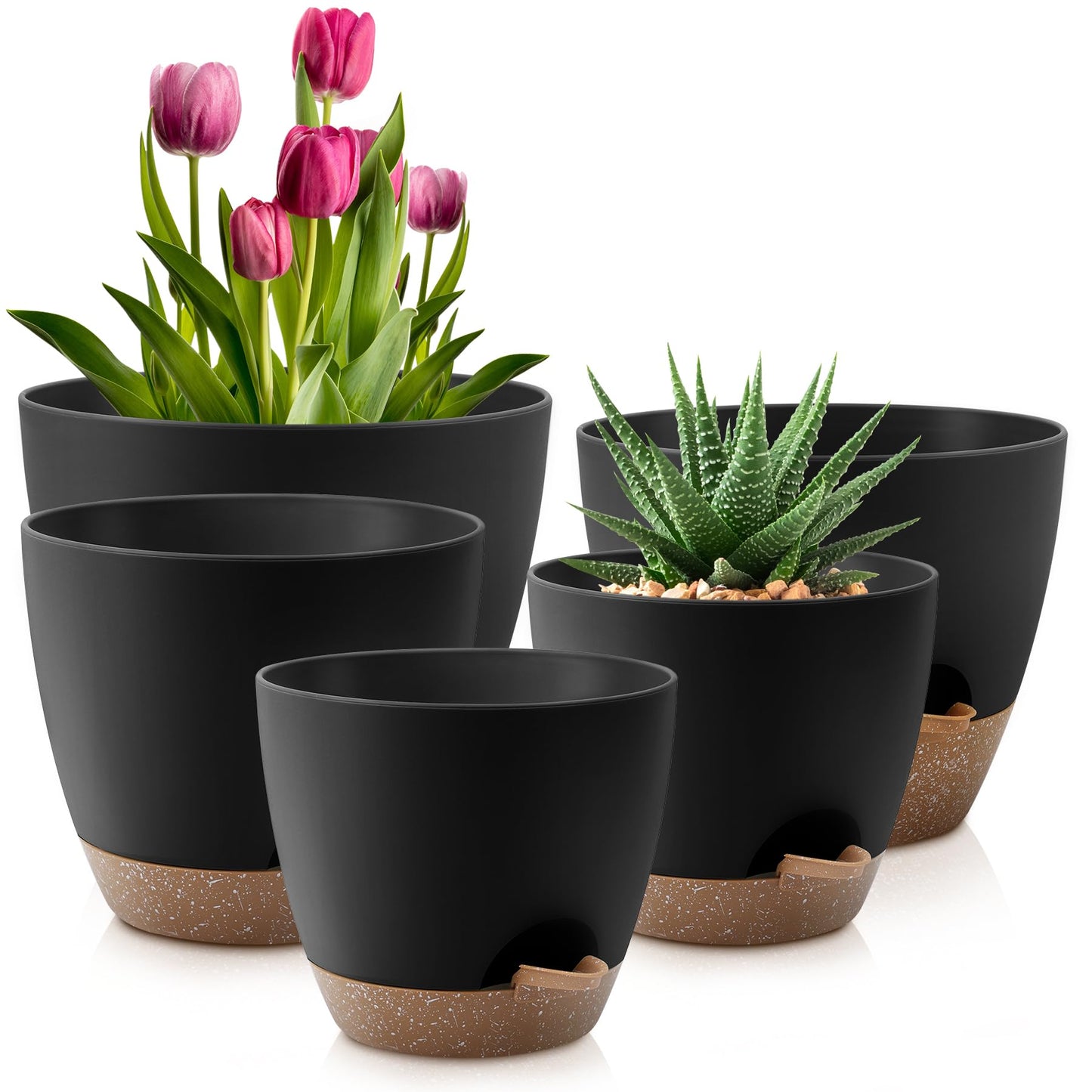 Plant Pots 10/9/8/7.5/7 Inch Self Watering Pots, Set of 5 Plastic Planters with Drainage Holes and Saucers,Plastic Flower Pots,Nursery Planting Pot for Indoor Out Door Plants（Green）