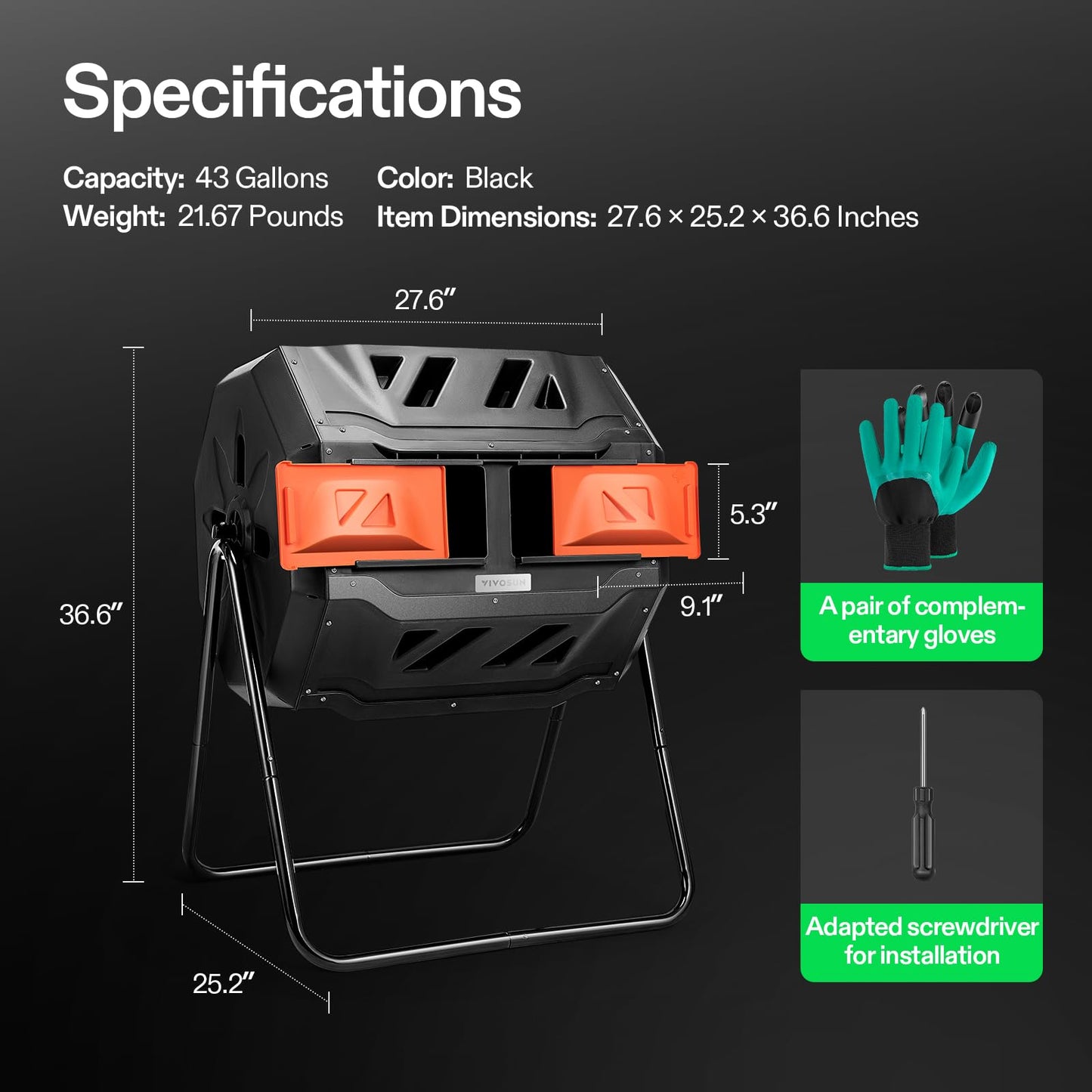 VIVOSUN Outdoor Tumbling Composter Dual Rotating Batch Compost Bin, 43 Gallon Black Door