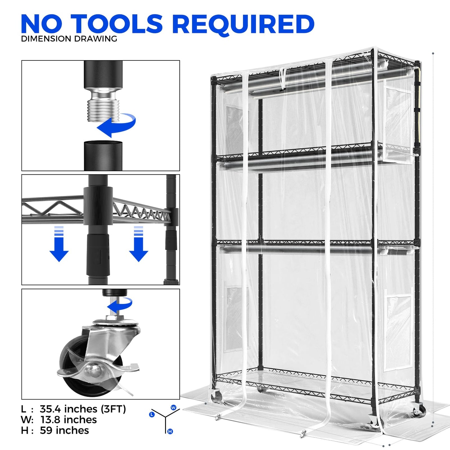 Barrina Mini Greenhouse with LED Grow Light for Indoor Plant, 4-Tier Portable Metal Plant Stand with Wheels, Plant Shelf with Tent, 6Pcs Plant Light with Timer and Thermo-Hygrometer, 35.4x13.8x59IN