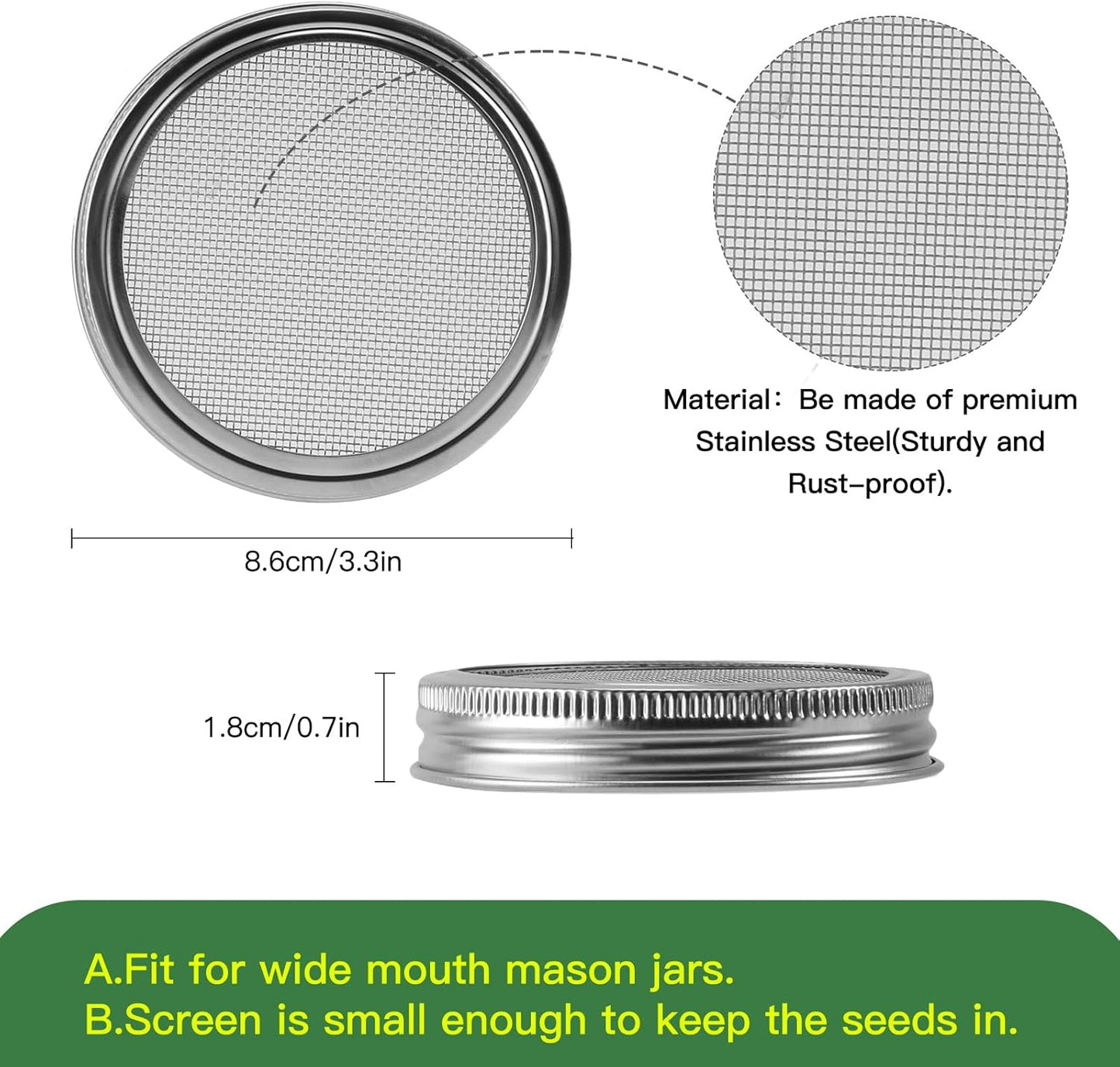 Sprouting Lids Growing Kit - 316 Stainless Steel Sprouting Lids for 86mm Wide Mouth Mason Jar with Adjustable Stands - Organic Sprouts, Broccoli, Alfalfa Mung Bean Sprout Kit (Set of 4)