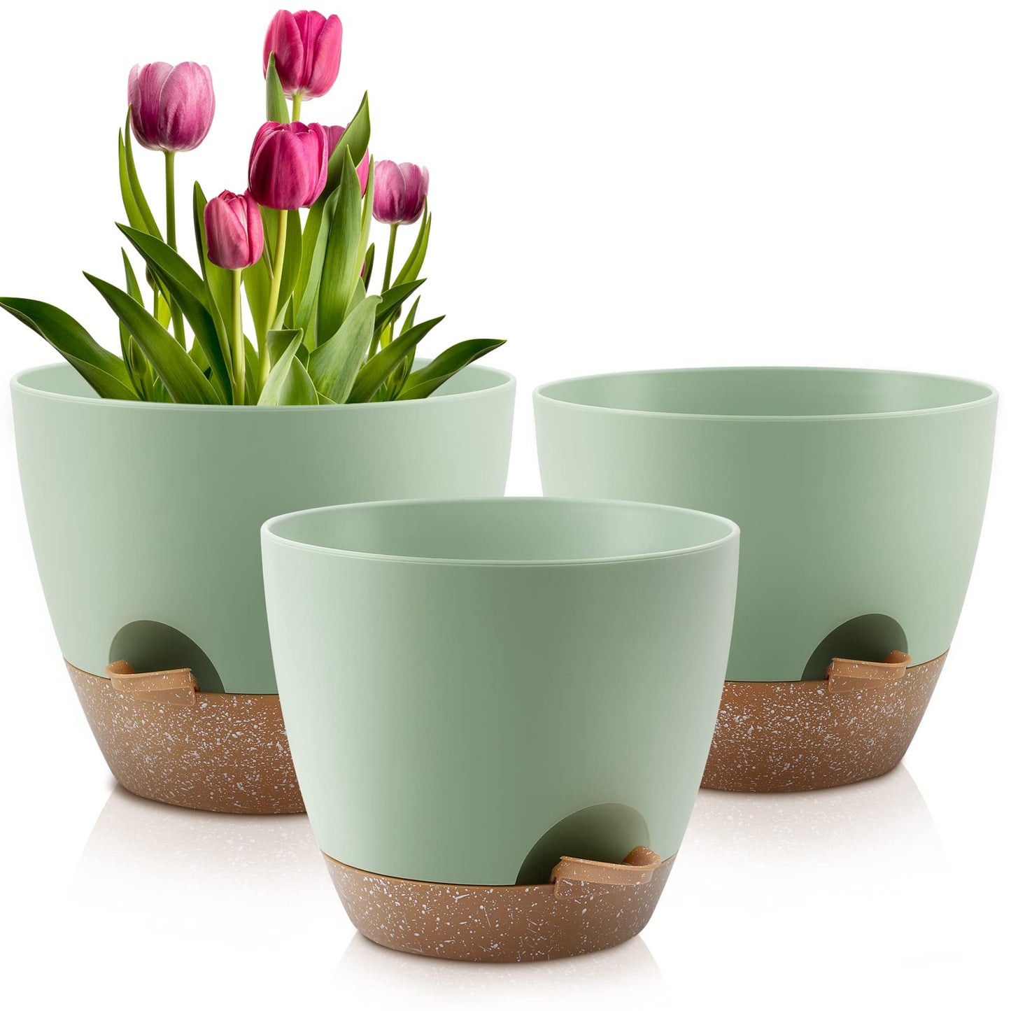 Plant Pots 10/9/8/7.5/7 Inch Self Watering Pots, Set of 5 Plastic Planters with Drainage Holes and Saucers,Plastic Flower Pots,Nursery Planting Pot for Indoor Out Door Plants（Green）