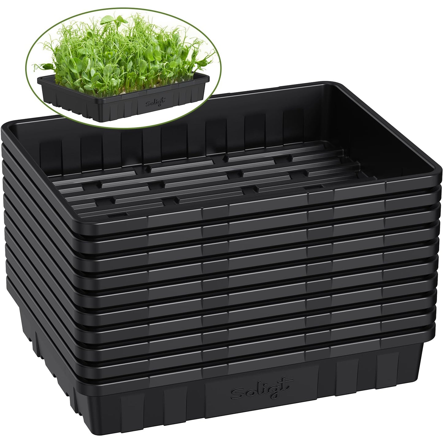 SOLIGT Extra Thick Heavy Duty 10 Pack Seed Starting Trays - Microgreens Growing Trays Seedling Plant Germination Starter Tray Transplant Fodder Flats, No Holes, No Leakage, Reusable, 14 * 10.8 * 2.3"