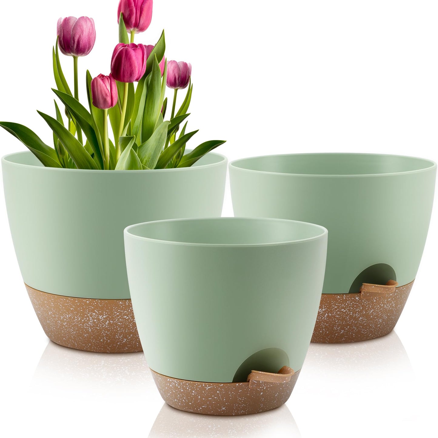 Plant Pots 10/9/8/7.5/7 Inch Self Watering Pots, Set of 5 Plastic Planters with Drainage Holes and Saucers,Plastic Flower Pots,Nursery Planting Pot for Indoor Out Door Plants（Green）