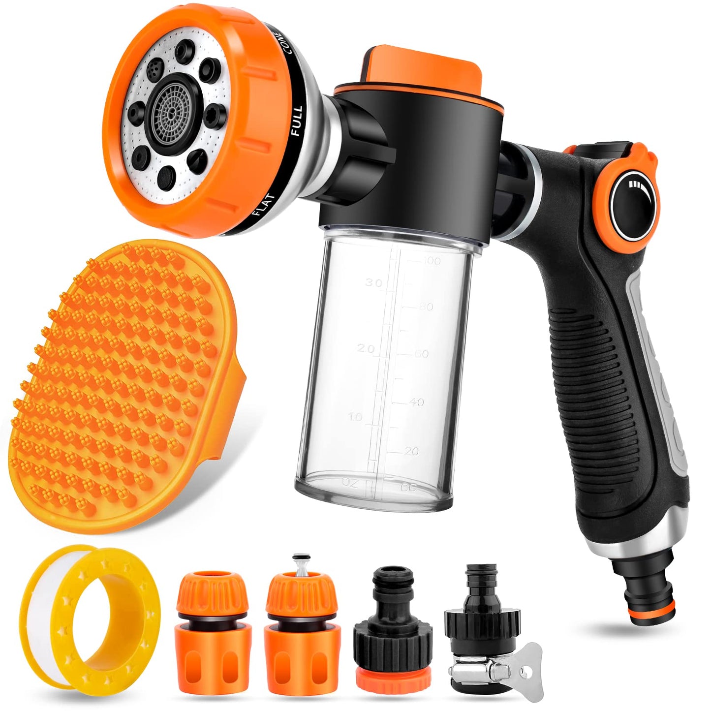 8 in 1 Garden Hose Nozzle Sprayer, Upgrade Dog Wash Hose Attachment with 3.5OZ/100CC Soap Dispenser Bottle and Dog Shower Brush, Ideal for Watering Flowers, Car Washing, Dog and Horse Bathing
