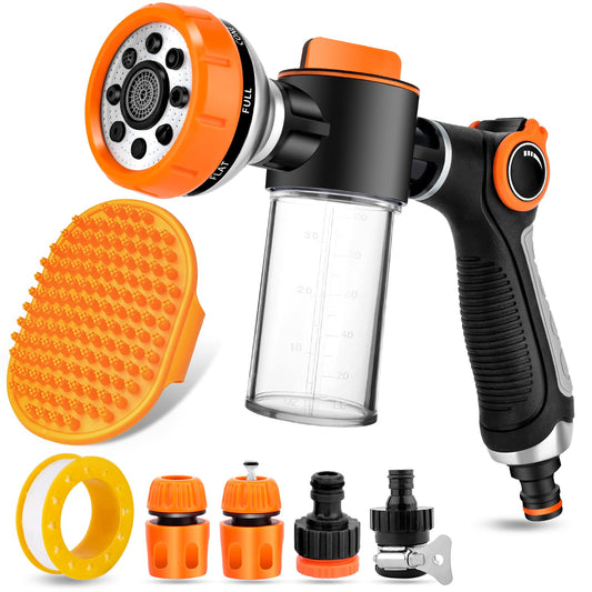 8 in 1 Garden Hose Nozzle Sprayer, Upgrade Dog Wash Hose Attachment with 3.5OZ/100CC Soap Dispenser Bottle and Dog Shower Brush, Ideal for Watering Flowers, Car Washing, Dog and Horse Bathing