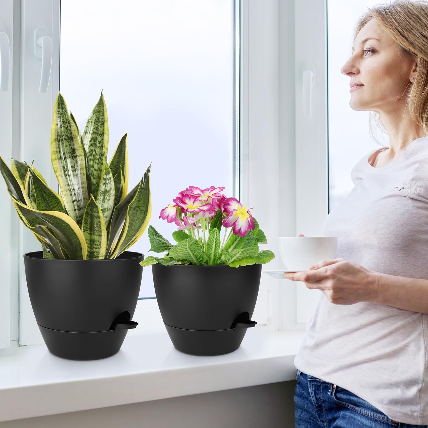 Plant Pots 10/9/8/7.5/7 Inch Self Watering Pots, Set of 5 Plastic Planters with Drainage Holes and Saucers,Plastic Flower Pots,Nursery Planting Pot for Indoor Out Door Plants（Green）