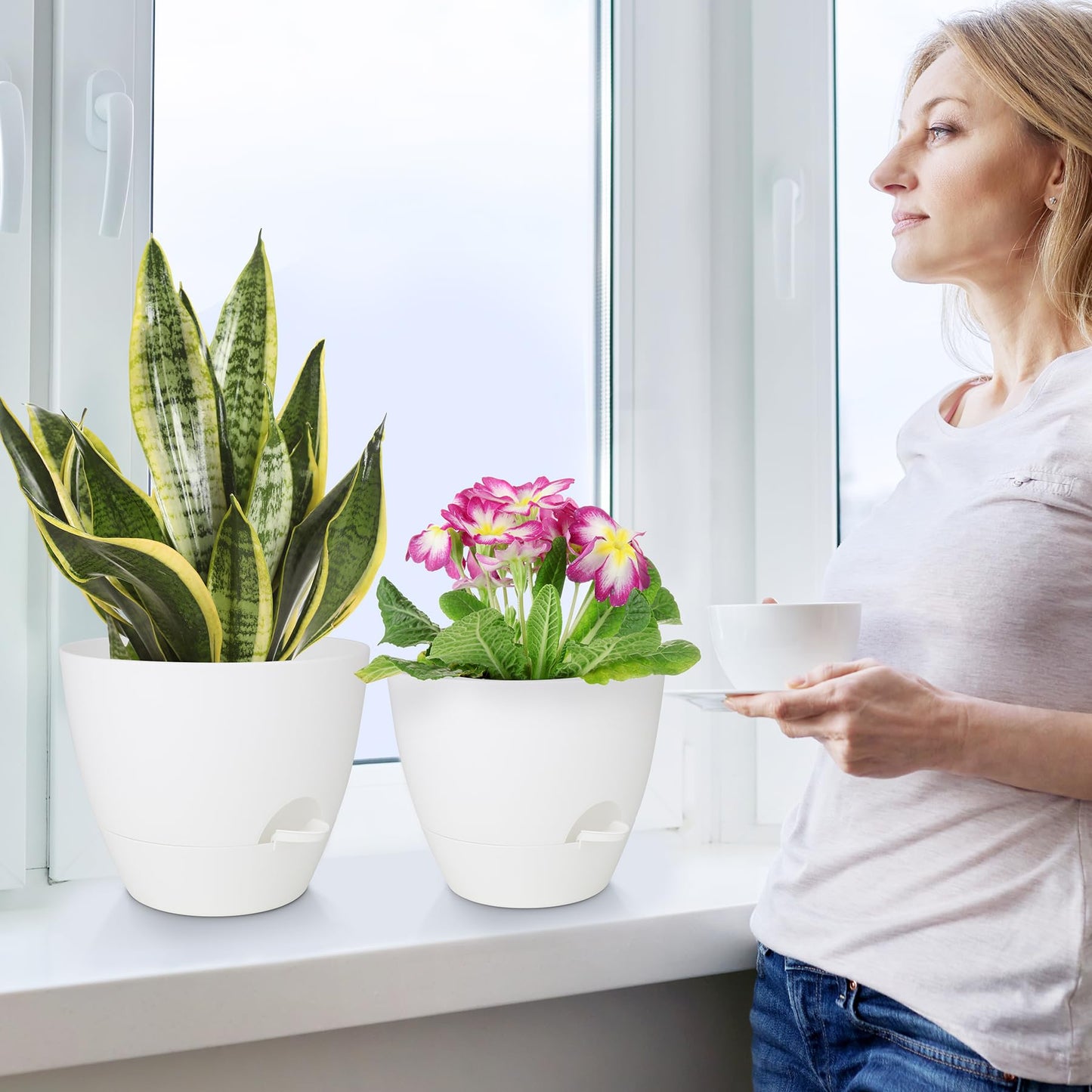 Plant Pots 10/9/8/7.5/7 Inch Self Watering Pots, Set of 5 Plastic Planters with Drainage Holes and Saucers,Plastic Flower Pots,Nursery Planting Pot for Indoor Out Door Plants（Green）