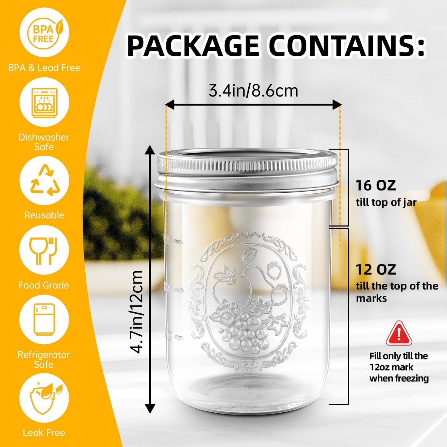 Wide Mouth Mason Jars 16 oz with Lids [6 Pack], Canning Jars with Metal Airtight Lids and Bands, 16 oz Glass Jars for Fermenting, Pickling, Freezing, Preserving, Meal Prep, Jar Décor