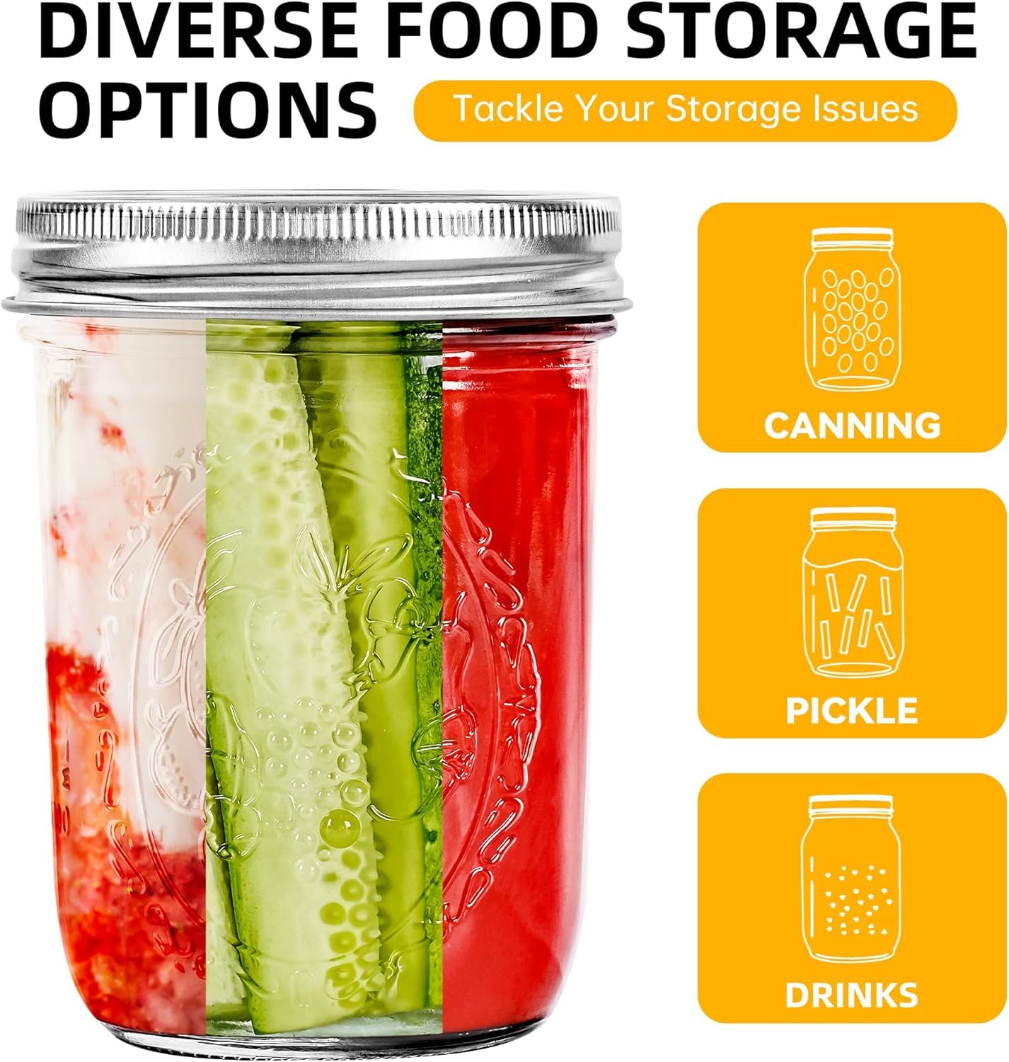 Wide Mouth Mason Jars 16 oz with Lids [6 Pack], Canning Jars with Metal Airtight Lids and Bands, 16 oz Glass Jars for Fermenting, Pickling, Freezing, Preserving, Meal Prep, Jar Décor