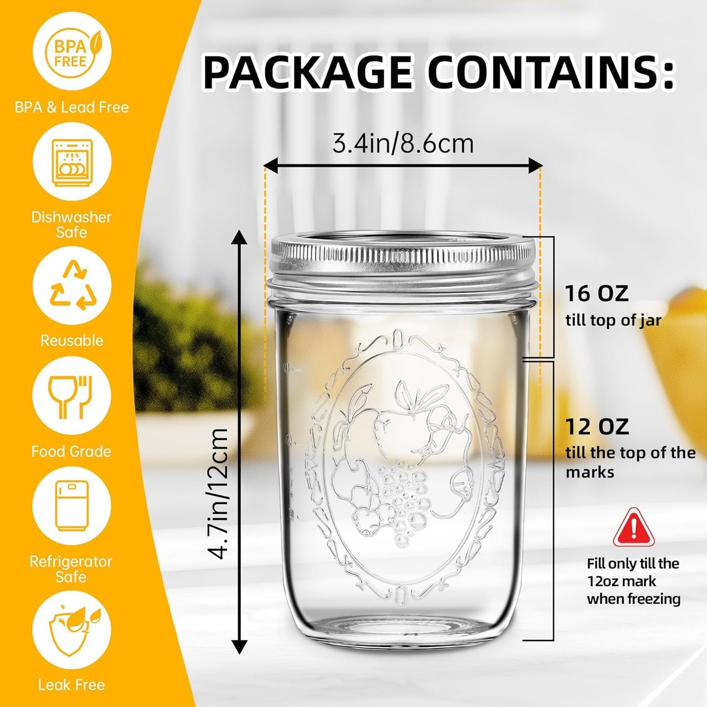 Wide Mouth Mason Jars 16 oz with Lids [6 Pack], Canning Jars with Metal Airtight Lids and Bands, 16 oz Glass Jars for Fermenting, Pickling, Freezing, Preserving, Meal Prep, Jar Décor