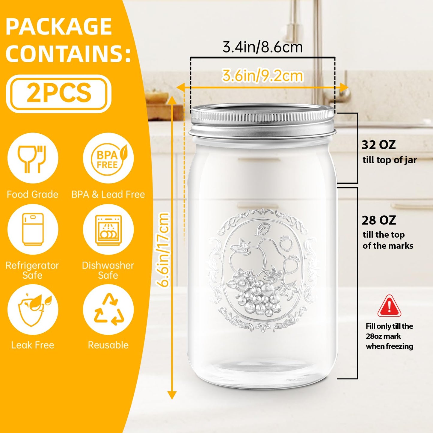 Wide Mouth Mason Jars 16 oz with Lids [6 Pack], Canning Jars with Metal Airtight Lids and Bands, 16 oz Glass Jars for Fermenting, Pickling, Freezing, Preserving, Meal Prep, Jar Décor