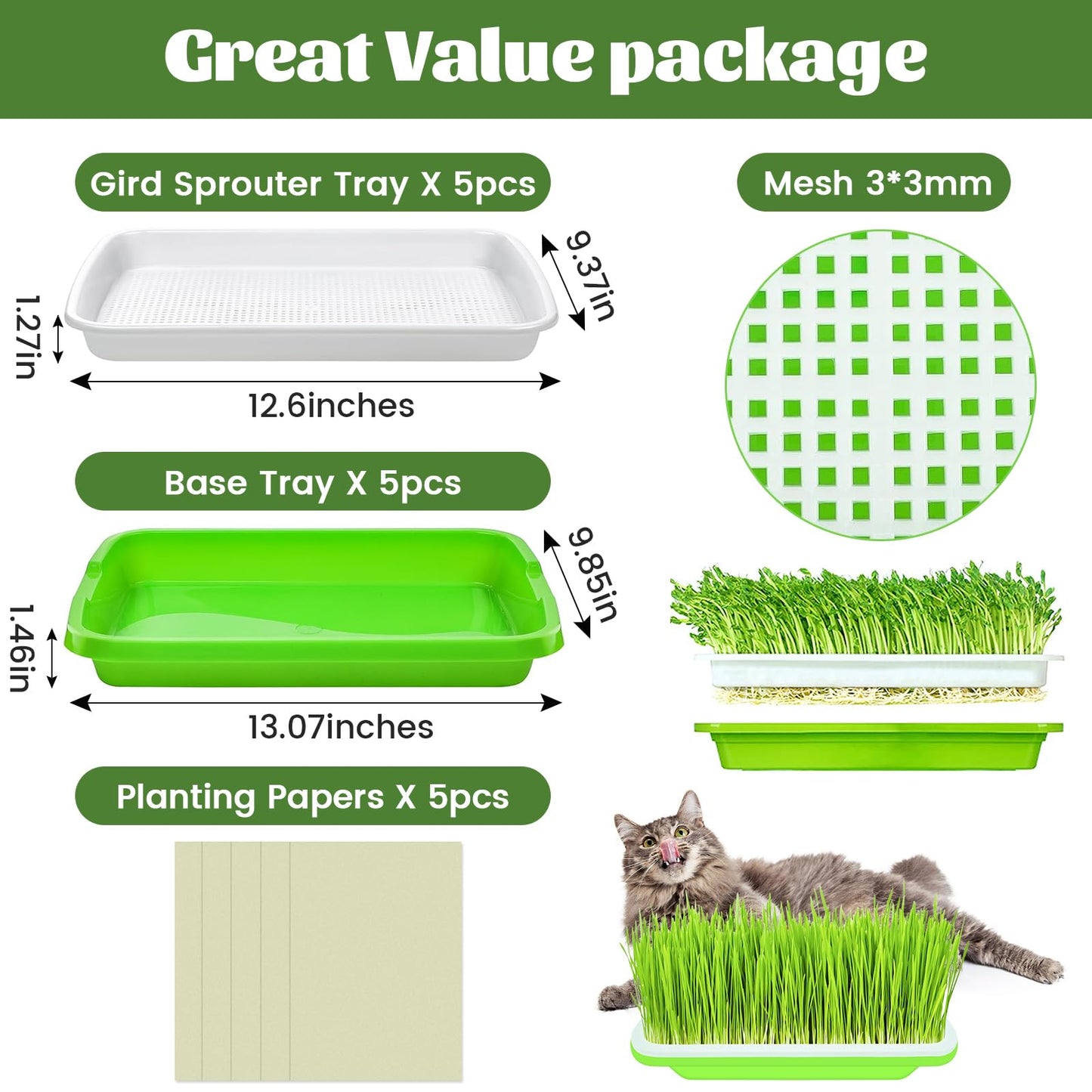 Legigo 10 Pack Green Seed Sprouter Trays- Soil-Free Cultivation Germination Tray, BPA Free Nursery Tray with Planting Paper for Indoors or Outdoors Sprouting Seeds, Grow Grass, Beans (Without Lids)