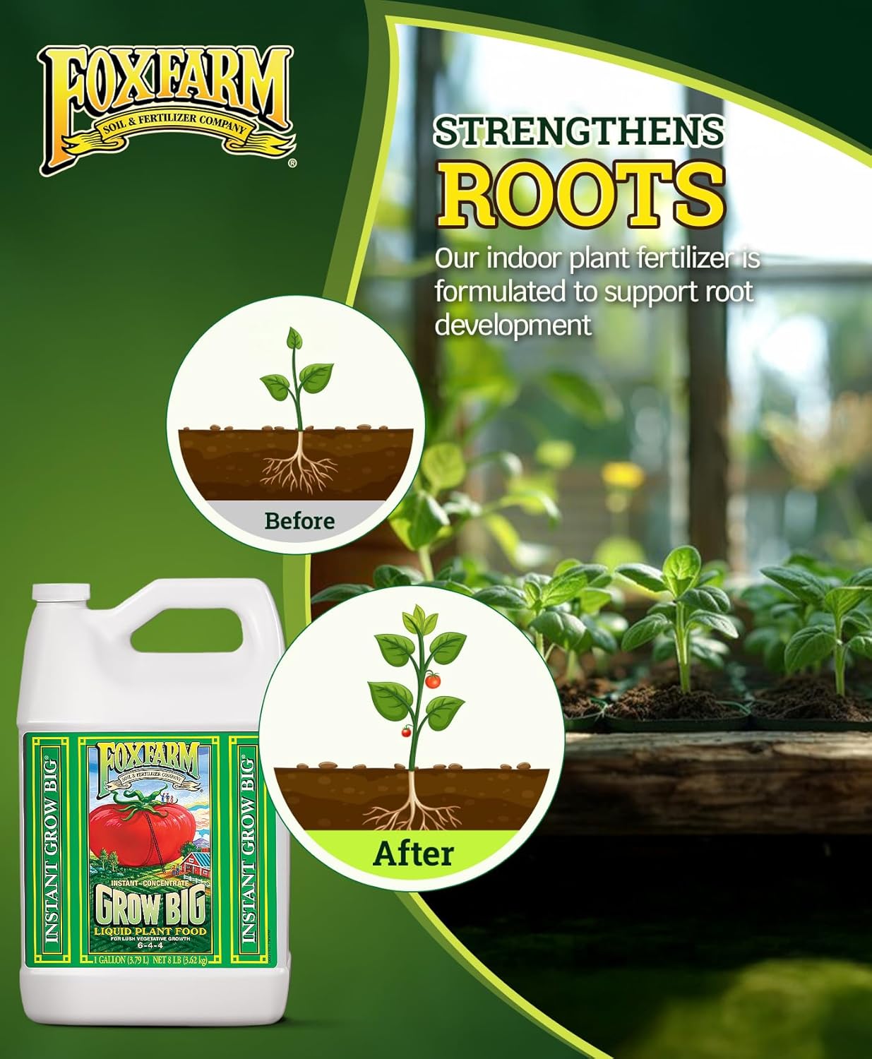 FoxFarm Grow Big Liquid Plant Food - Bloom Fertilizer for Flowers, Fruits, and Vegetables, Perfect for Indoor & Outdoor Potted Plants, NPK 6-4-4 (Pint)