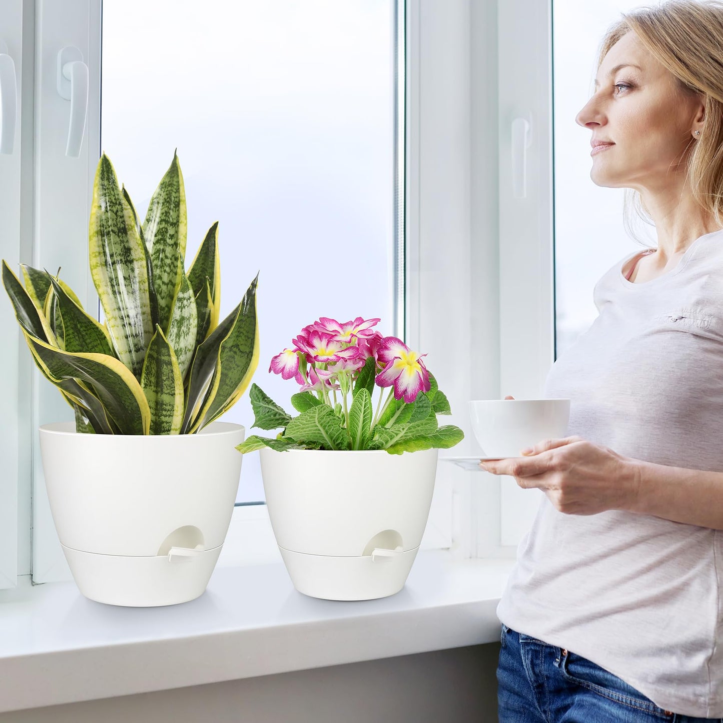 Plant Pots 10/9/8/7.5/7 Inch Self Watering Pots, Set of 5 Plastic Planters with Drainage Holes and Saucers,Plastic Flower Pots,Nursery Planting Pot for Indoor Out Door Plants（Green）