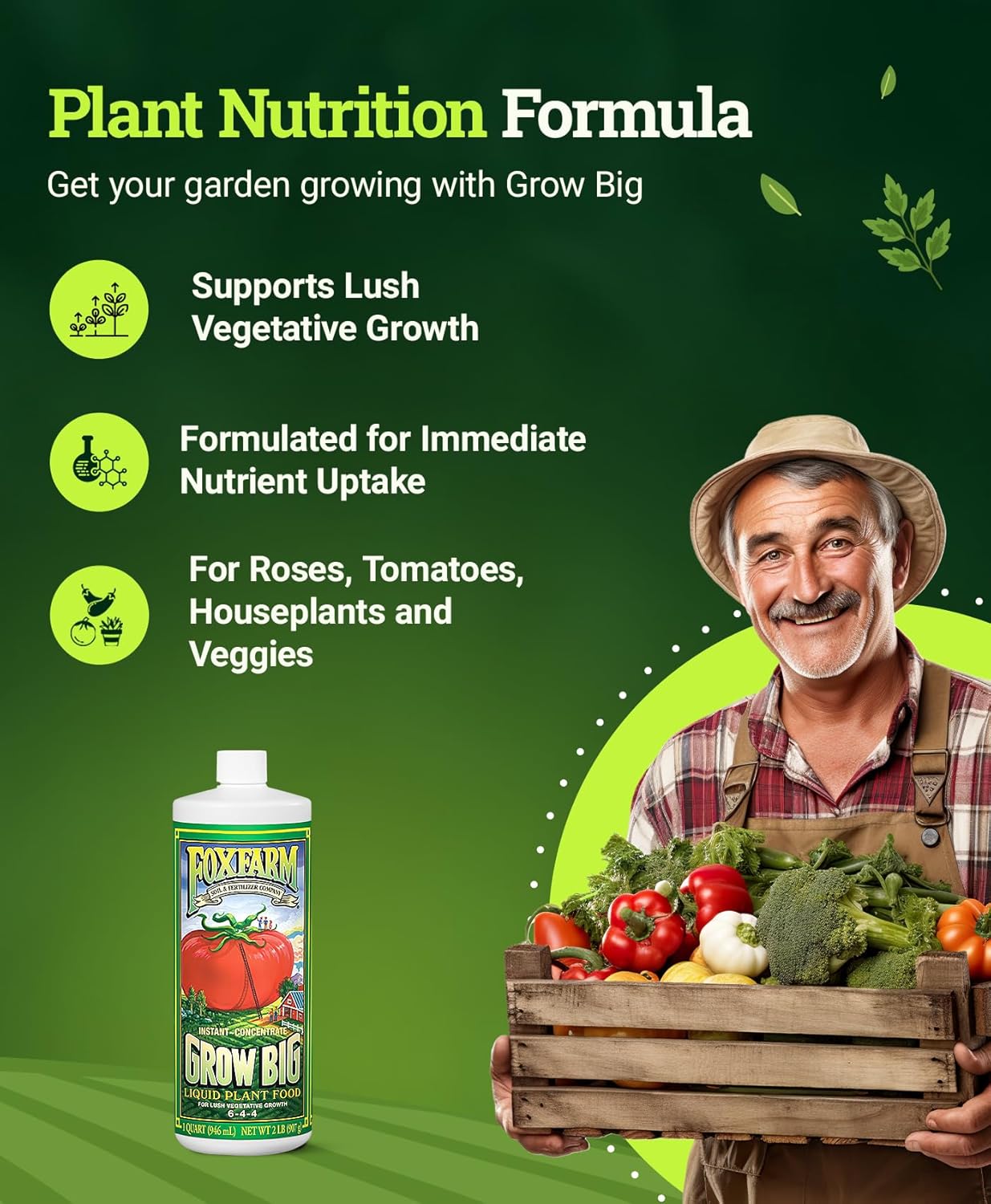 FoxFarm Grow Big Liquid Plant Food - Bloom Fertilizer for Flowers, Fruits, and Vegetables, Perfect for Indoor & Outdoor Potted Plants, NPK 6-4-4 (Pint)