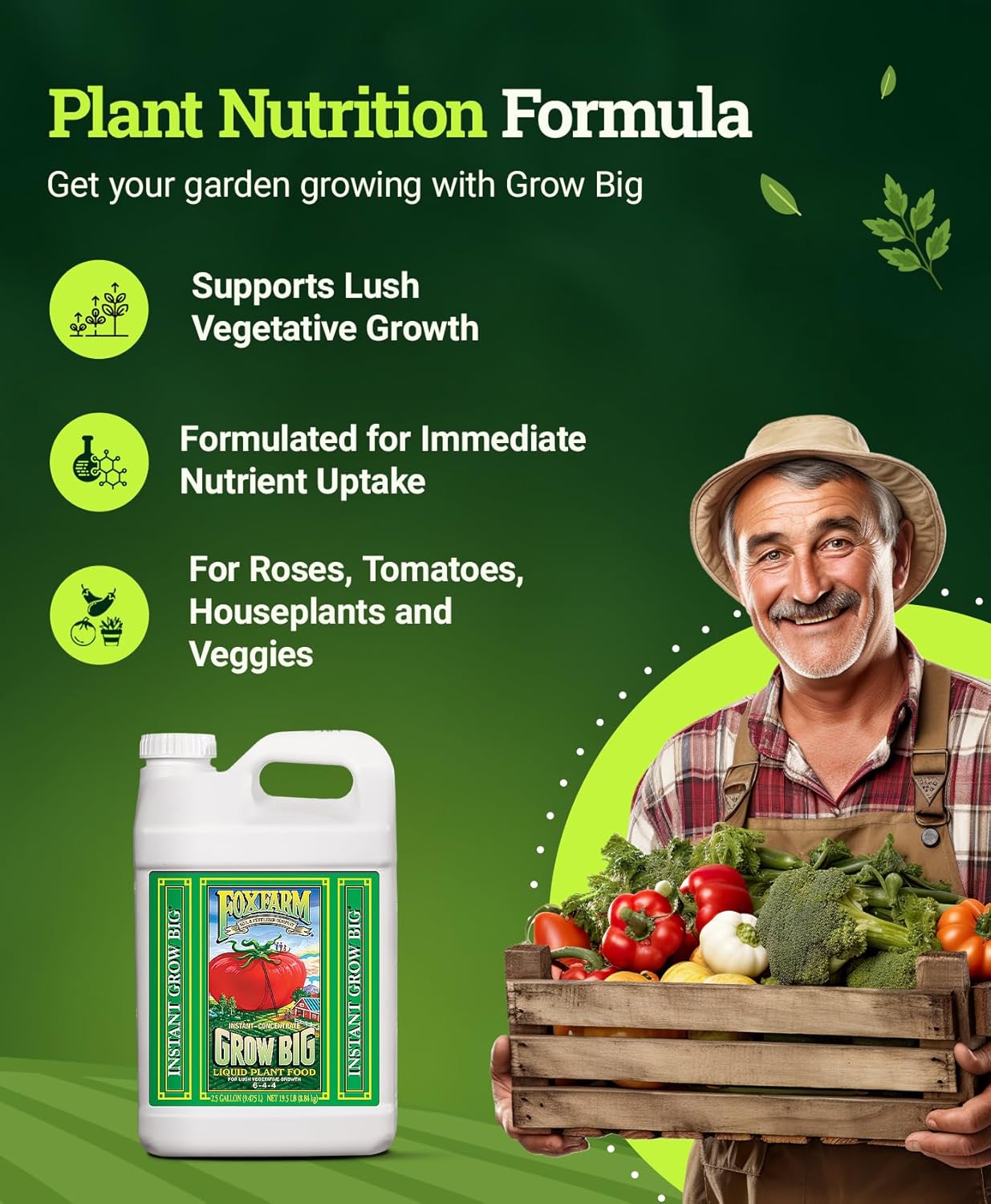 FoxFarm Grow Big Liquid Plant Food - Bloom Fertilizer for Flowers, Fruits, and Vegetables, Perfect for Indoor & Outdoor Potted Plants, NPK 6-4-4 (Pint)