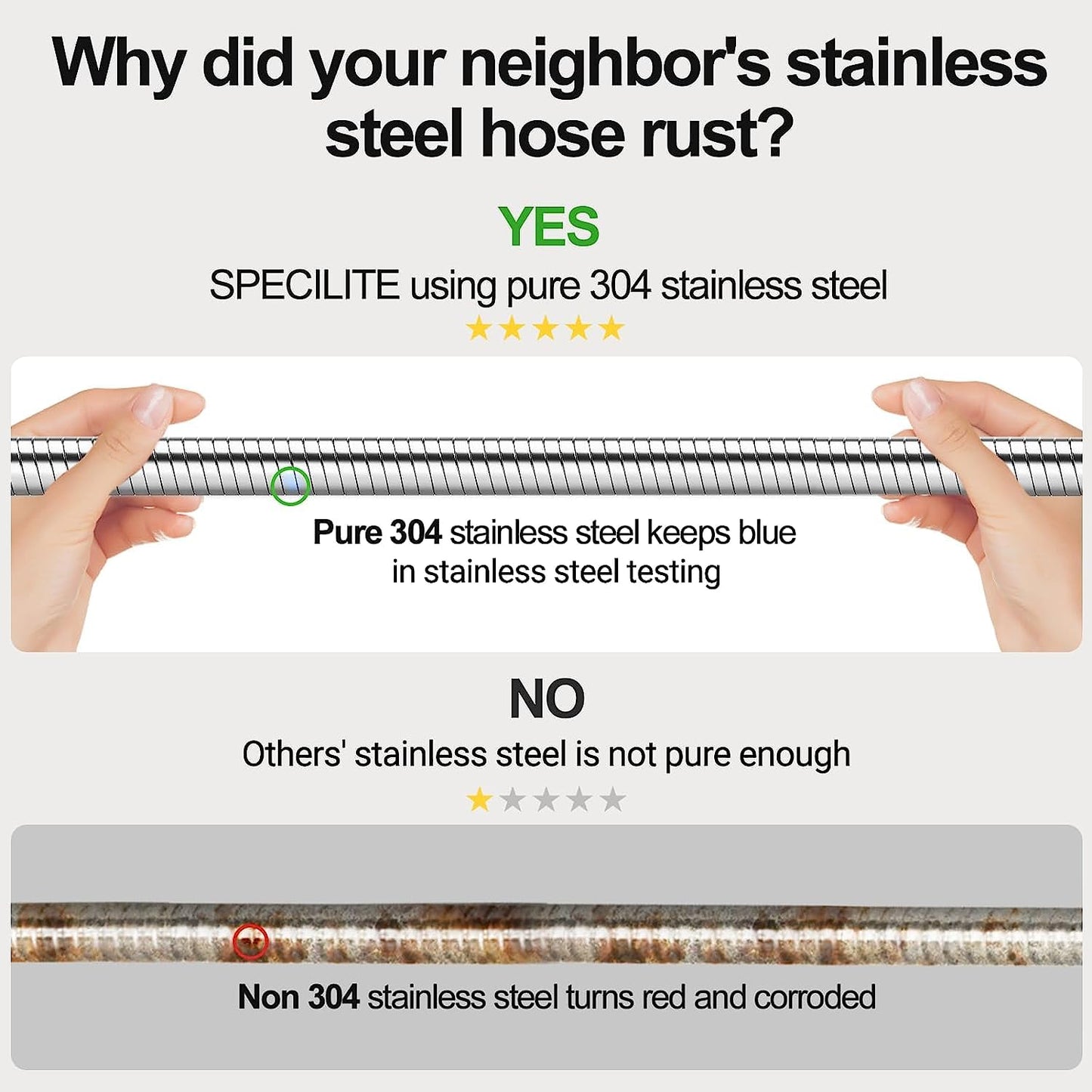 50ft 304 Stainless Steel Garden Hose Metal, Heavy Duty Water Pipe with Nozzles for Yard, Outdoor - Flexible, Never Kink & Tangle, Puncture Resistant (Sliver)