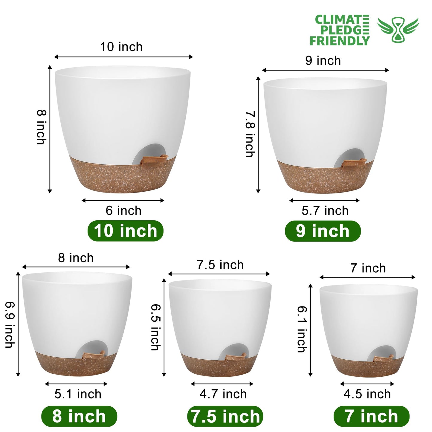 Plant Pots 10/9/8/7.5/7 Inch Self Watering Pots, Set of 5 Plastic Planters with Drainage Holes and Saucers,Plastic Flower Pots,Nursery Planting Pot for Indoor Out Door Plants（Green）