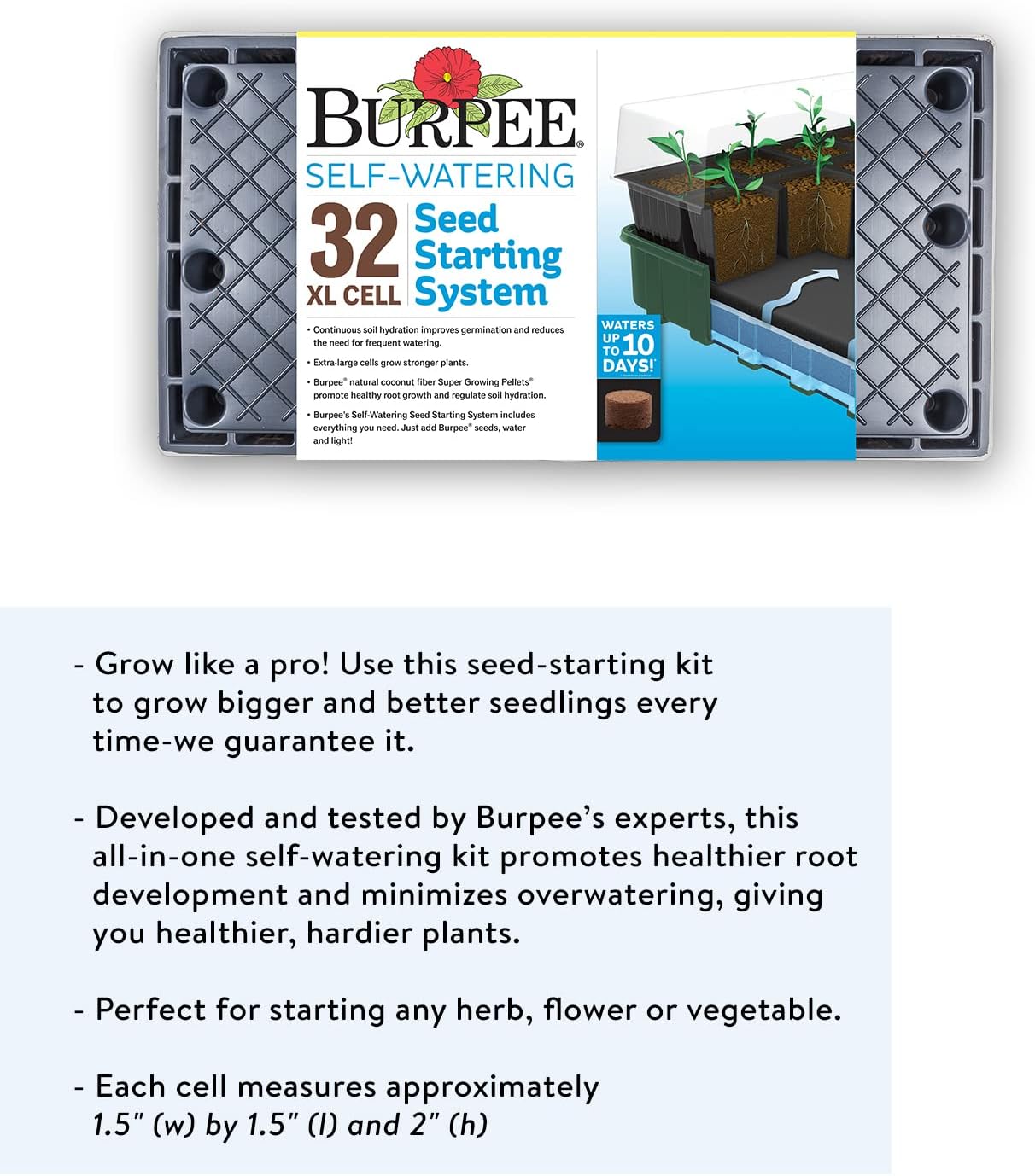 Burpee XL Self-Watering Growing System Indoor Seed Starting 10" W x 20" L x 5" H, 1 Kit (32 Cells)