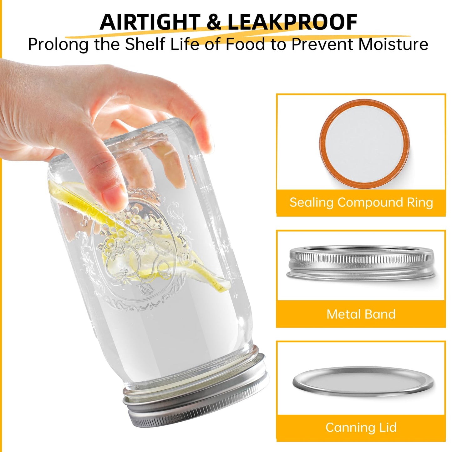 Wide Mouth Mason Jars 16 oz with Lids [6 Pack], Canning Jars with Metal Airtight Lids and Bands, 16 oz Glass Jars for Fermenting, Pickling, Freezing, Preserving, Meal Prep, Jar Décor