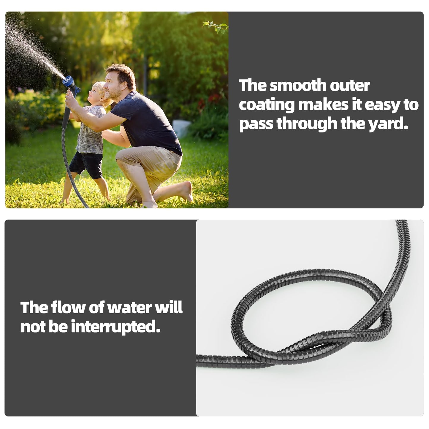 50ft 304 Stainless Steel Garden Hose Metal, Heavy Duty Water Pipe with Nozzles for Yard, Outdoor - Flexible, Never Kink & Tangle, Puncture Resistant (Sliver)