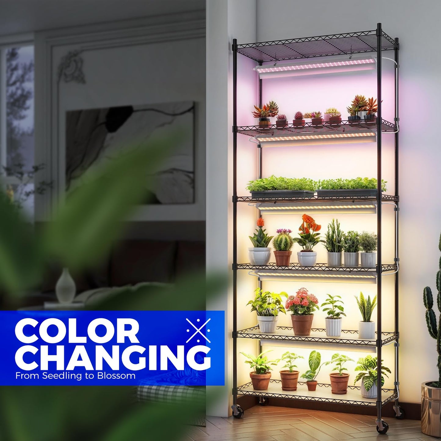 Barrina CX6 Plant Stand with Grow Lights, 3FT T8 30W(Per Light) Full Spectrum Yellow LED Plant Lights, Indoor Plant Shelf for Multiple Plants with On/Off Timer Socket, 6-Tier 35.4"x13.8"x70.9"