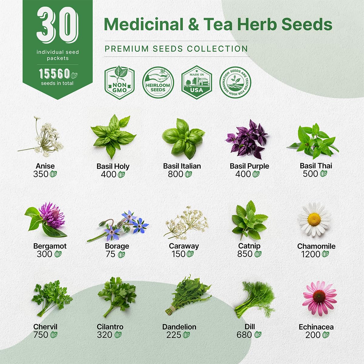 35 Medicinal & Tea Herb Seeds Variety Pack for Indoor & Outdoors. 16,335+ Non-GMO Heirloom Garden Seeds: Anise, Bergamot, Borage, Cilantro, Chamomile, Dandelion, Rosemary Seeds & More