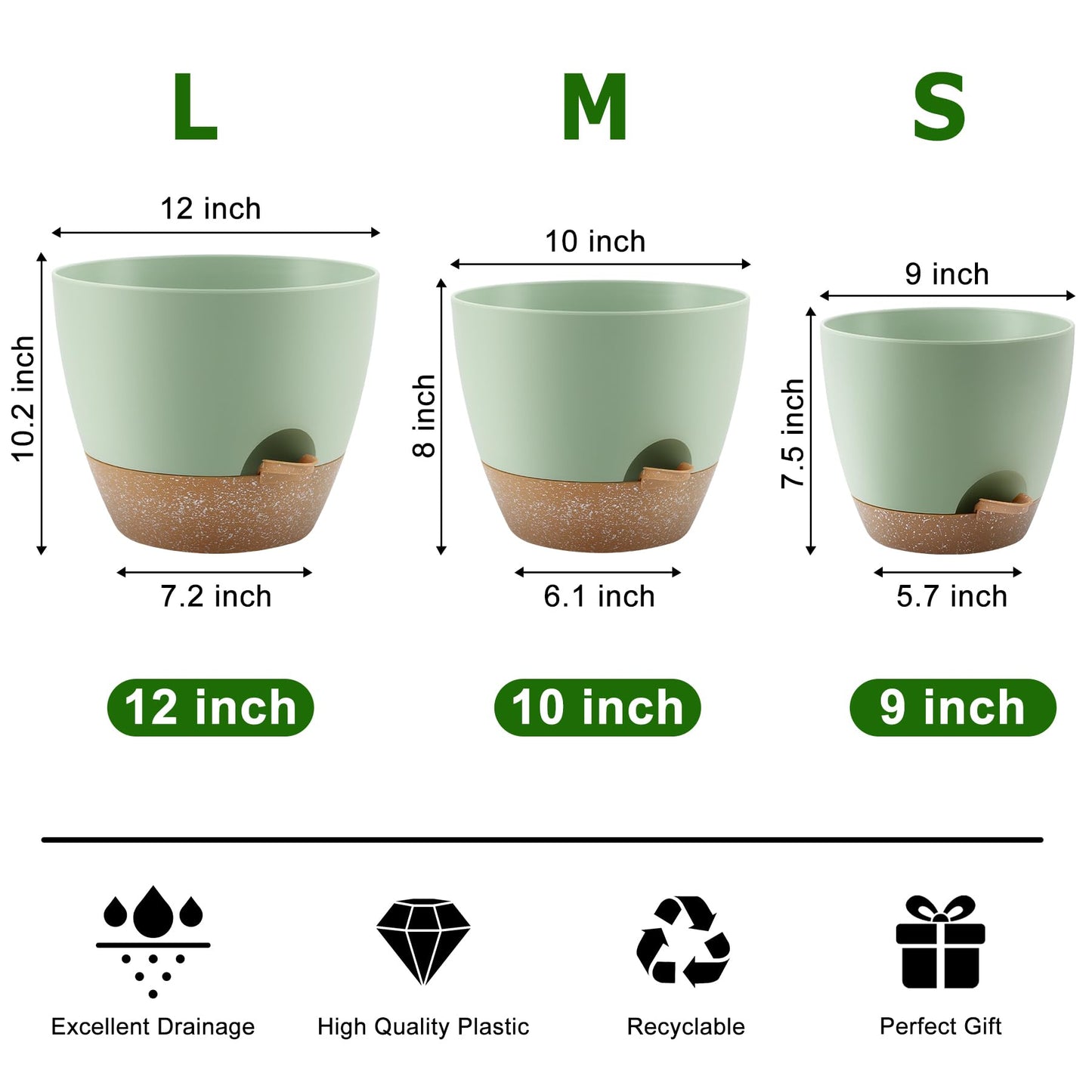 Plant Pots 10/9/8/7.5/7 Inch Self Watering Pots, Set of 5 Plastic Planters with Drainage Holes and Saucers,Plastic Flower Pots,Nursery Planting Pot for Indoor Out Door Plants（Green）