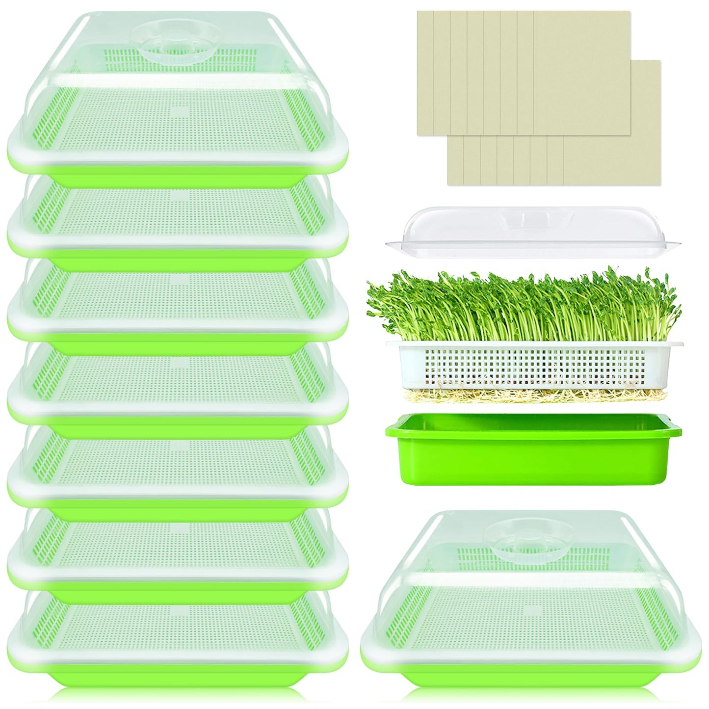 Legigo 10 Pack Green Seed Sprouter Trays- Soil-Free Cultivation Germination Tray, BPA Free Nursery Tray with Planting Paper for Indoors or Outdoors Sprouting Seeds, Grow Grass, Beans (Without Lids)