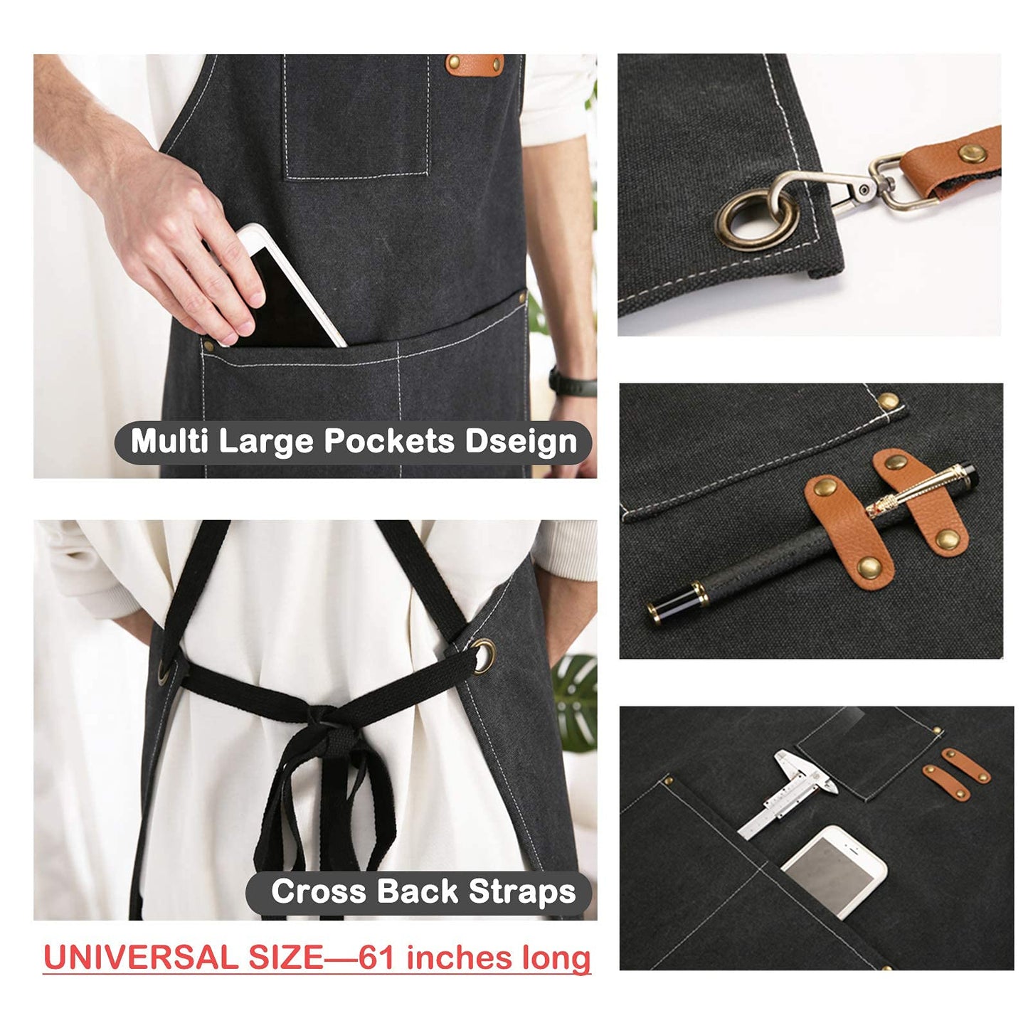Chef Apron, Cotton Canvas Gardening Apron with Large Pockets for Men and Women,Kitchen Cooking Baking Bib Heavy Duty Adjustable Garden Apron