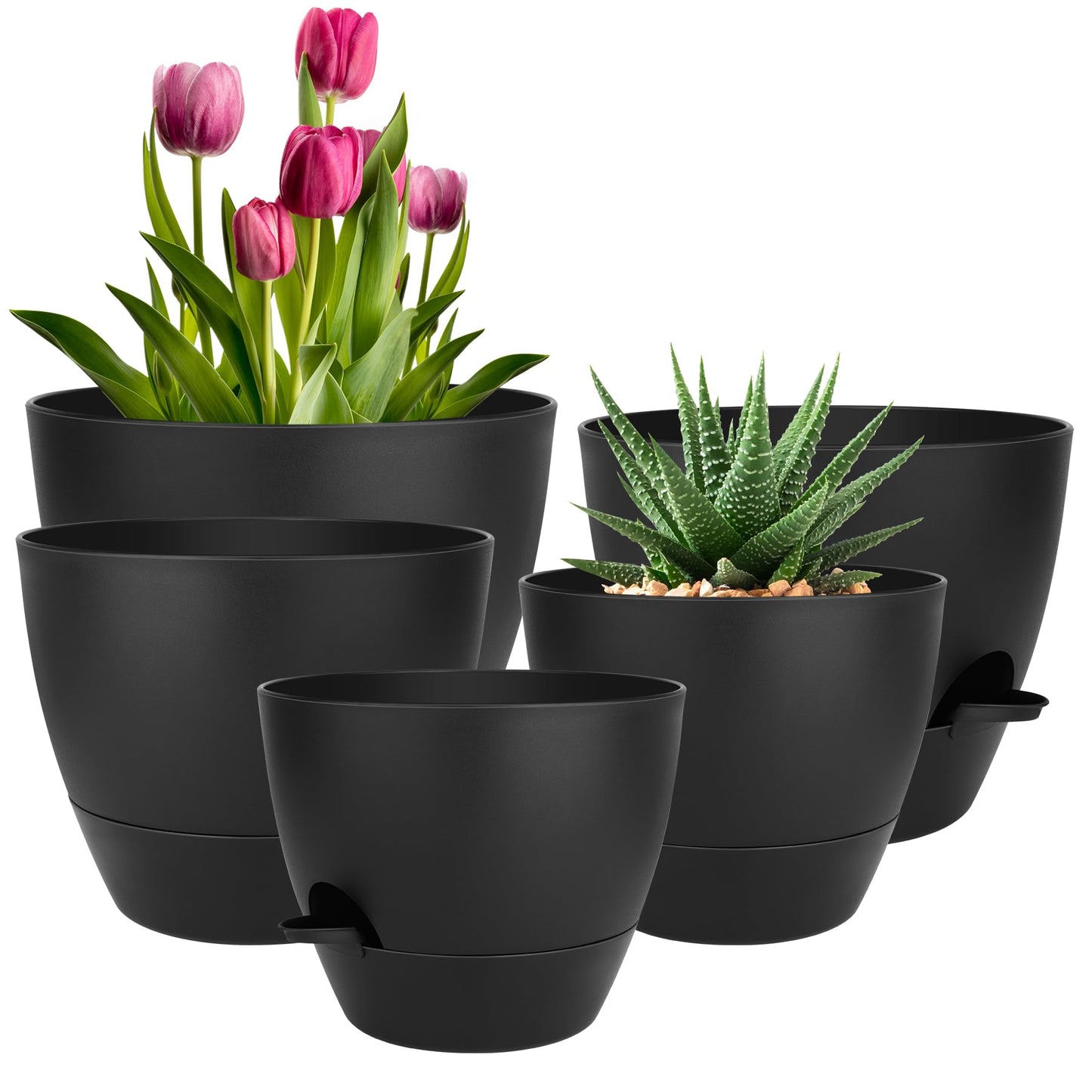 Plant Pots 10/9/8/7.5/7 Inch Self Watering Pots, Set of 5 Plastic Planters with Drainage Holes and Saucers,Plastic Flower Pots,Nursery Planting Pot for Indoor Out Door Plants（Green）