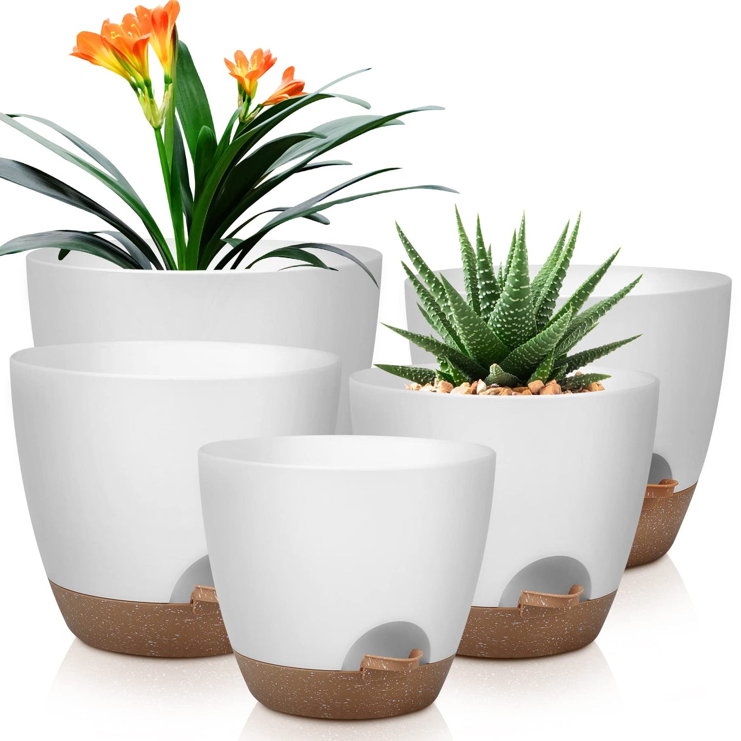 Plant Pots 10/9/8/7.5/7 Inch Self Watering Pots, Set of 5 Plastic Planters with Drainage Holes and Saucers,Plastic Flower Pots,Nursery Planting Pot for Indoor Out Door Plants（Green）
