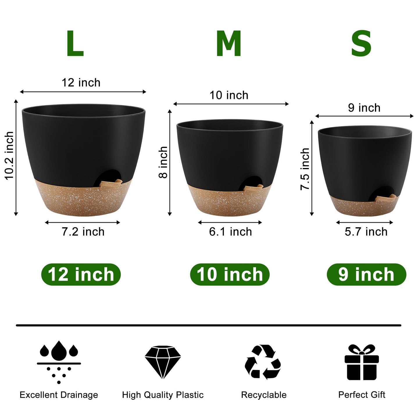 Plant Pots 10/9/8/7.5/7 Inch Self Watering Pots, Set of 5 Plastic Planters with Drainage Holes and Saucers,Plastic Flower Pots,Nursery Planting Pot for Indoor Out Door Plants（Green）