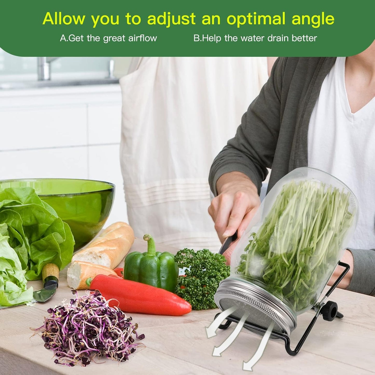 Sprouting Lids Growing Kit - 316 Stainless Steel Sprouting Lids for 86mm Wide Mouth Mason Jar with Adjustable Stands - Organic Sprouts, Broccoli, Alfalfa Mung Bean Sprout Kit (Set of 4)