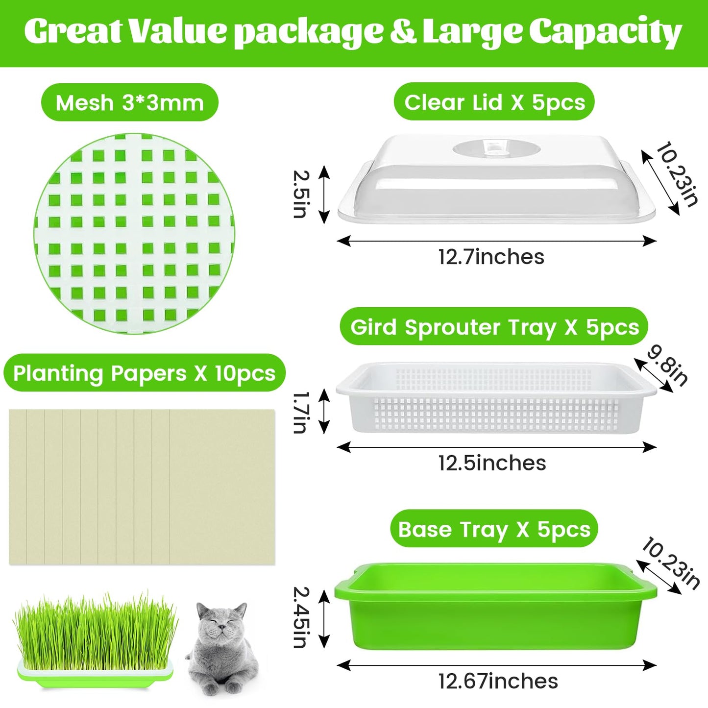 Legigo 10 Pack Green Seed Sprouter Trays- Soil-Free Cultivation Germination Tray, BPA Free Nursery Tray with Planting Paper for Indoors or Outdoors Sprouting Seeds, Grow Grass, Beans (Without Lids)