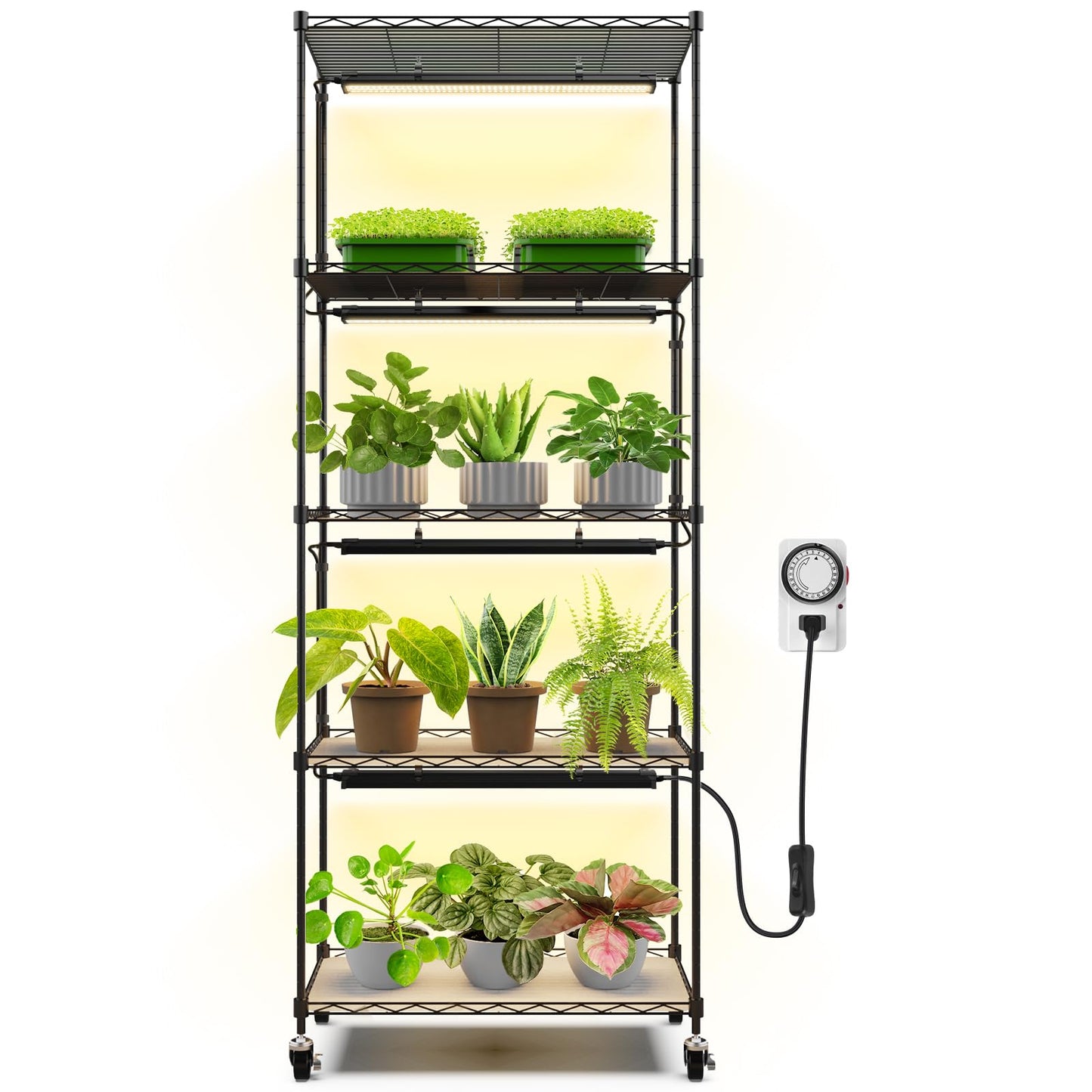 Barrina CX6 Plant Stand with Grow Lights, 3FT T8 30W(Per Light) Full Spectrum Yellow LED Plant Lights, Indoor Plant Shelf for Multiple Plants with On/Off Timer Socket, 6-Tier 35.4"x13.8"x70.9"