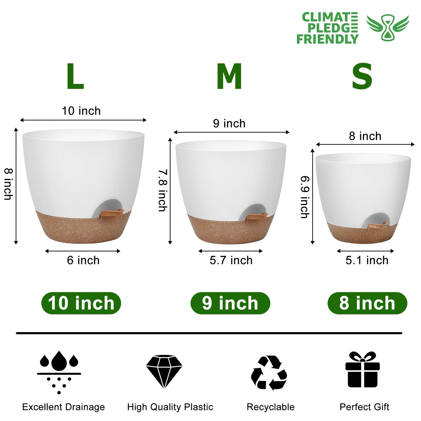 Plant Pots 10/9/8/7.5/7 Inch Self Watering Pots, Set of 5 Plastic Planters with Drainage Holes and Saucers,Plastic Flower Pots,Nursery Planting Pot for Indoor Out Door Plants（Green）
