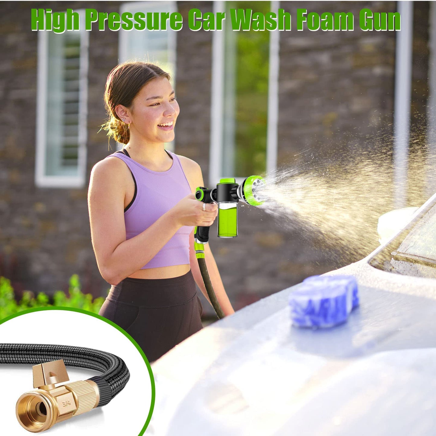 8 in 1 Garden Hose Nozzle Sprayer, Upgrade Dog Wash Hose Attachment with 3.5OZ/100CC Soap Dispenser Bottle and Dog Shower Brush, Ideal for Watering Flowers, Car Washing, Dog and Horse Bathing