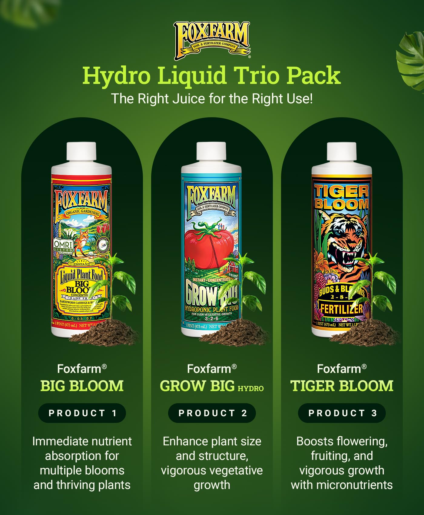 FoxFarm Liquid Nutrient Trio Hydro Formula: Big Bloom, Grow Big Hydro & Tiger Bloom - for Hydroponic Gardening, Green Growth, Buds & Late-Season Flowers, (3-32 oz Bottles)