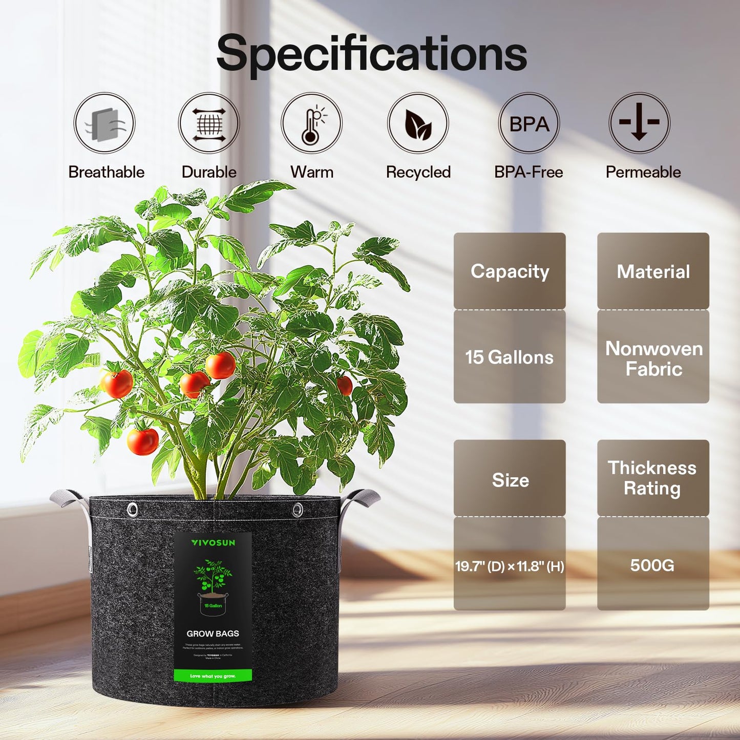 VIVOSUN 5-Pack 15 Gallon Grow Bags, 500G Thick Nonwoven Fabric Pots with Strap Handles, Multi-Purpose Rings, for Low Stress Plant Training Fruits, Vegetables, and Flowers