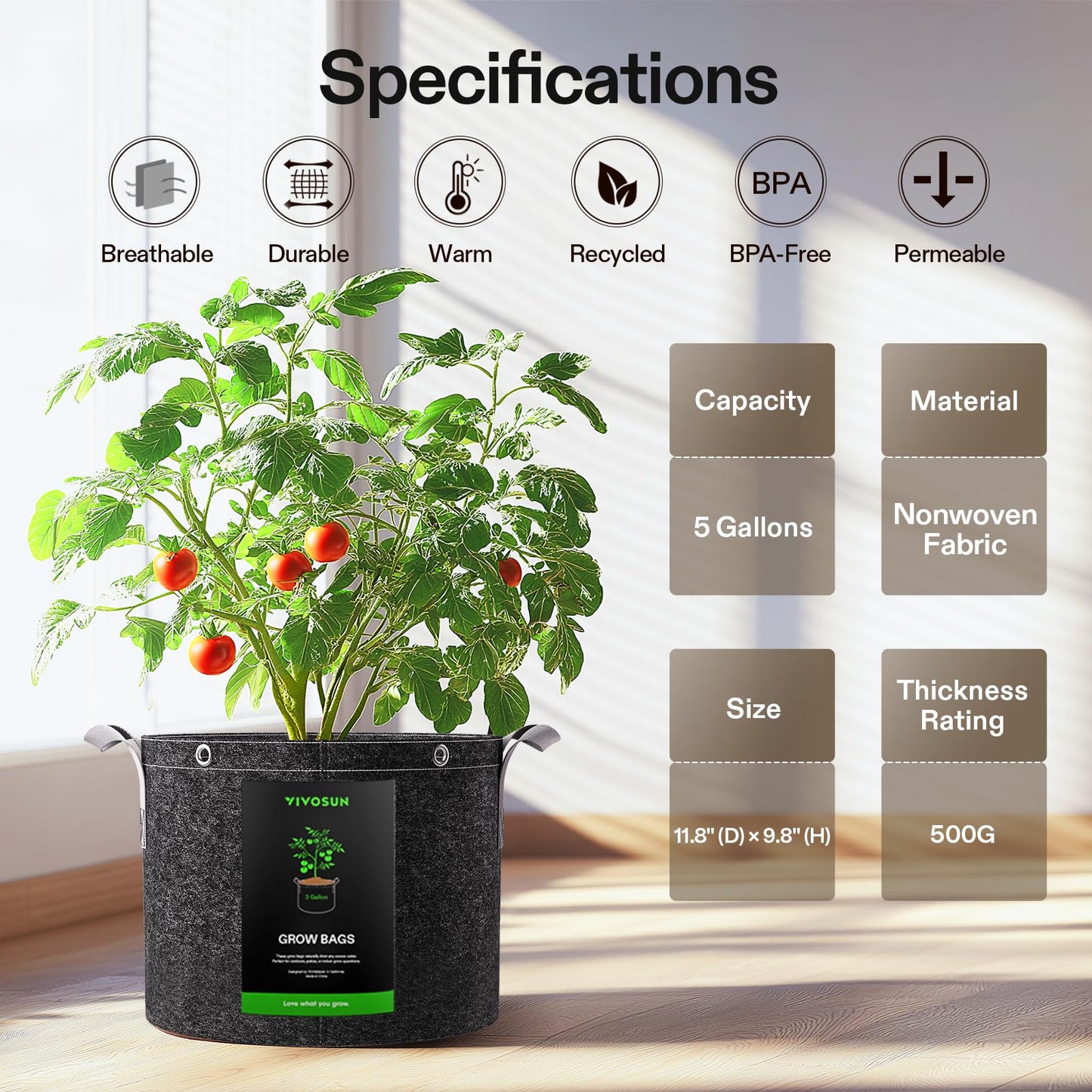 VIVOSUN 5-Pack 15 Gallon Grow Bags, 500G Thick Nonwoven Fabric Pots with Strap Handles, Multi-Purpose Rings, for Low Stress Plant Training Fruits, Vegetables, and Flowers