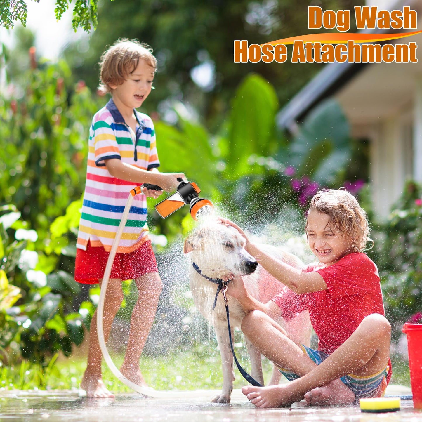 8 in 1 Garden Hose Nozzle Sprayer, Upgrade Dog Wash Hose Attachment with 3.5OZ/100CC Soap Dispenser Bottle and Dog Shower Brush, Ideal for Watering Flowers, Car Washing, Dog and Horse Bathing