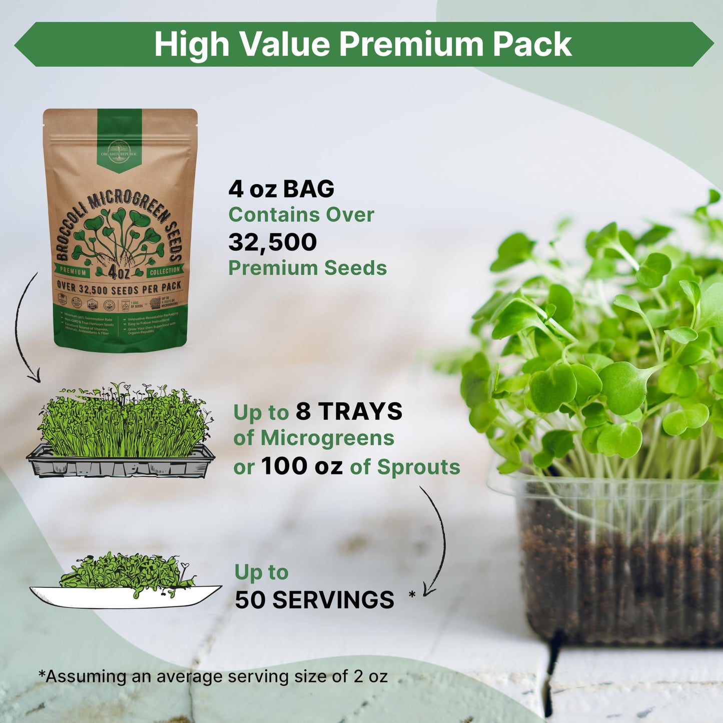 Organo Republic Arugula Sprouting & Microgreens Seeds - 55,000 Non-GMO Heirloom Seeds, Sprouts in 4 oz Resealable Bag for Planting & Growing Microgreens in Soil, Coconut Coir, Aeroponic & Hydroponic
