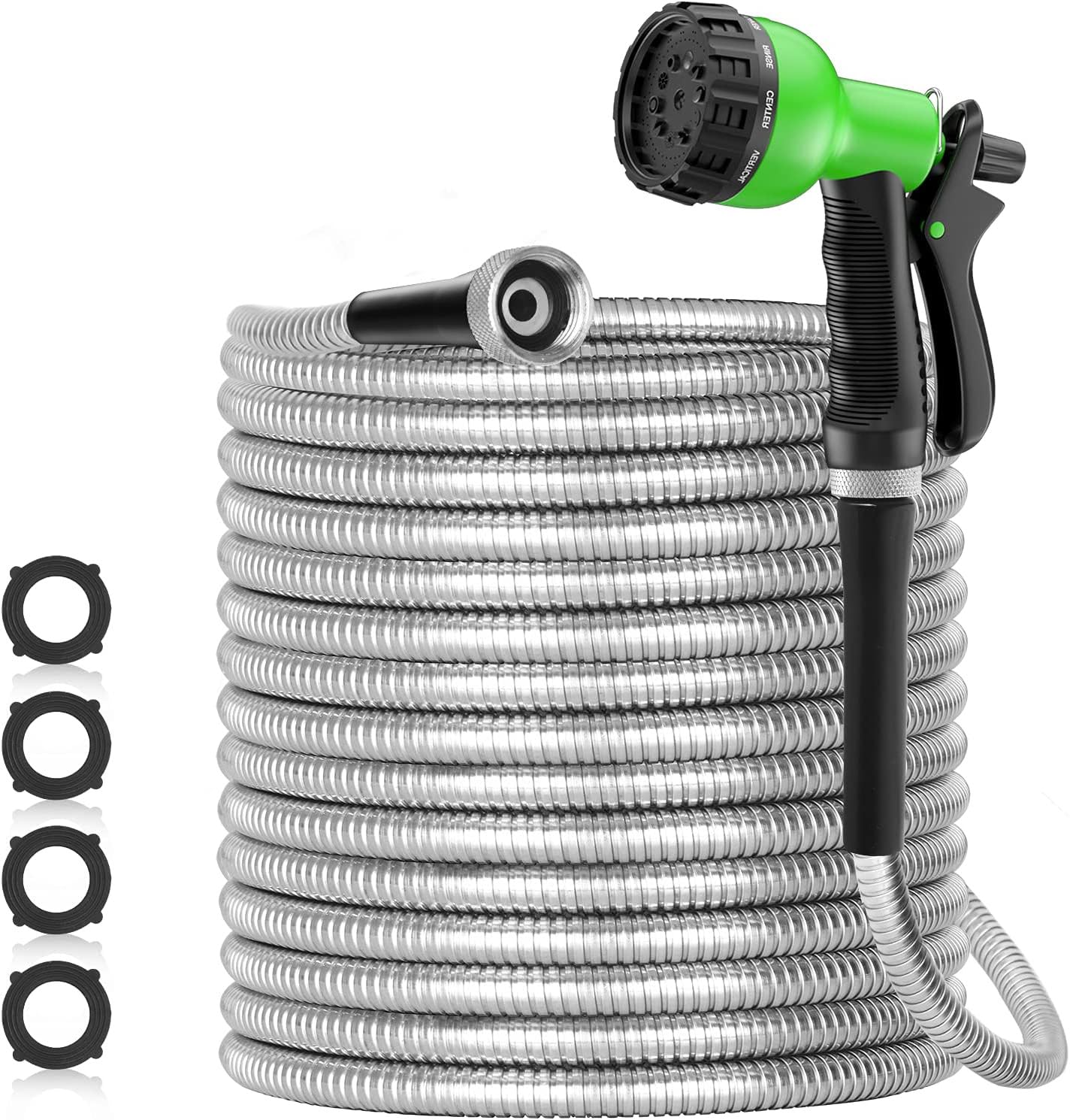 50ft 304 Stainless Steel Garden Hose Metal, Heavy Duty Water Pipe with Nozzles for Yard, Outdoor - Flexible, Never Kink & Tangle, Puncture Resistant (Sliver)
