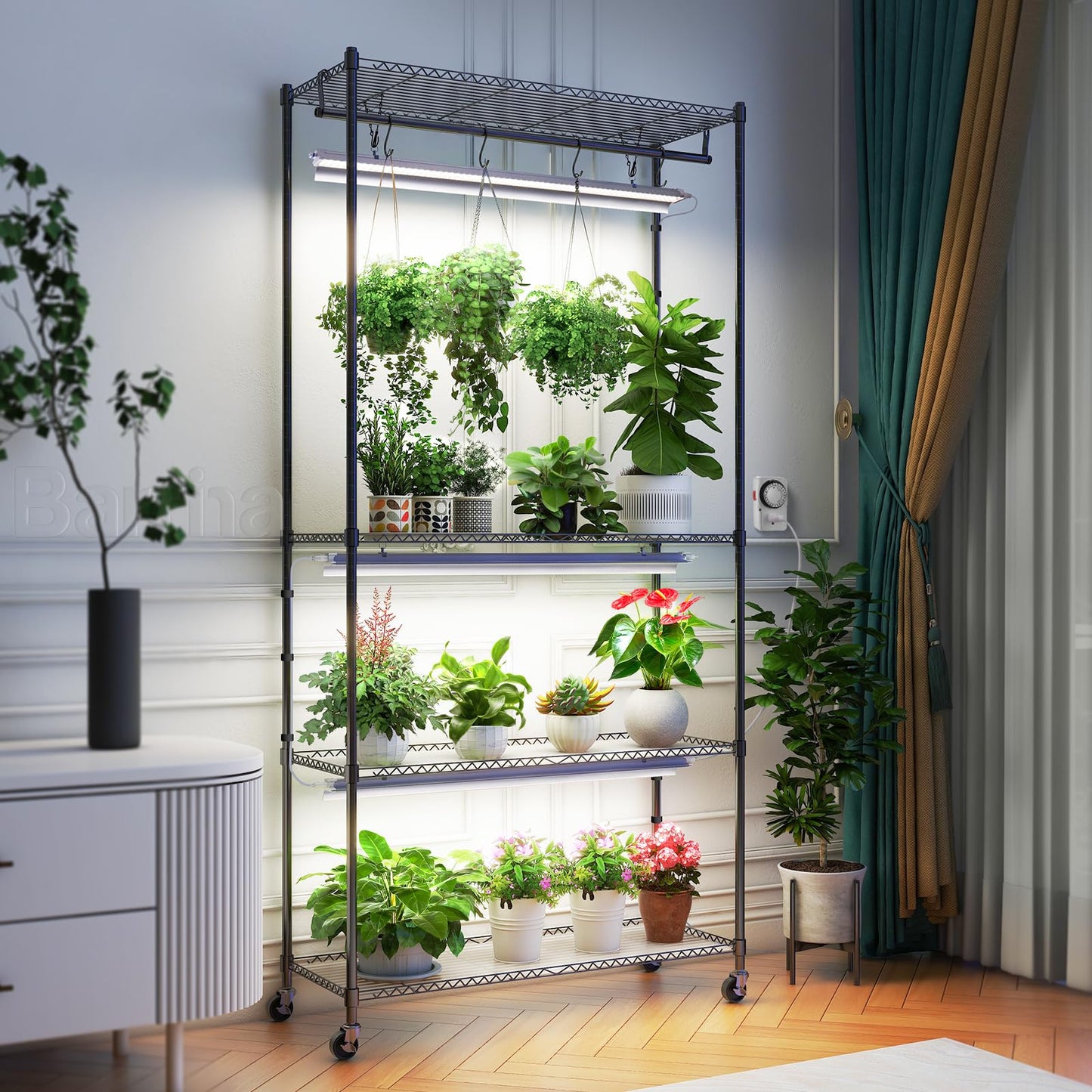 Barrina CX3Z Indoor Greenhouse with Grow Light, 4-Tier Metal Plant Stand with Zippered EVA Cover and Wheels, LED Full Spectrum 3FT 36W(per Light) Plant Growing Lamp with Timer, 35.4"x13.8"x70.9"