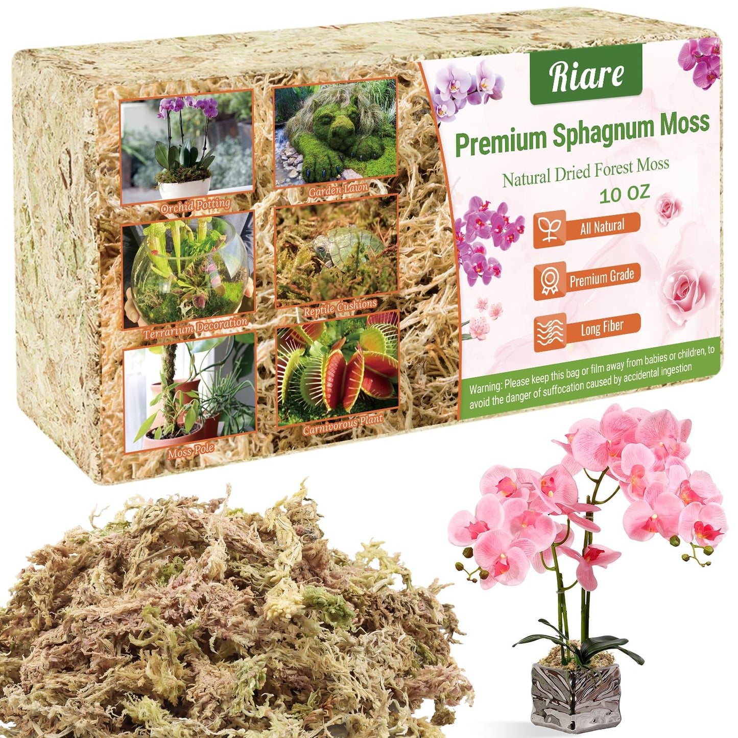 Riare 2.2 LB Premium Sphagnum Moss for Plants- 40QT Natural Long Fibered Sphagnum Peat Moss Plants Moss Dried, Carnivorous Plants Moss Orchid Potting Mix for Orchids, Carnivorous Plants, Succulent